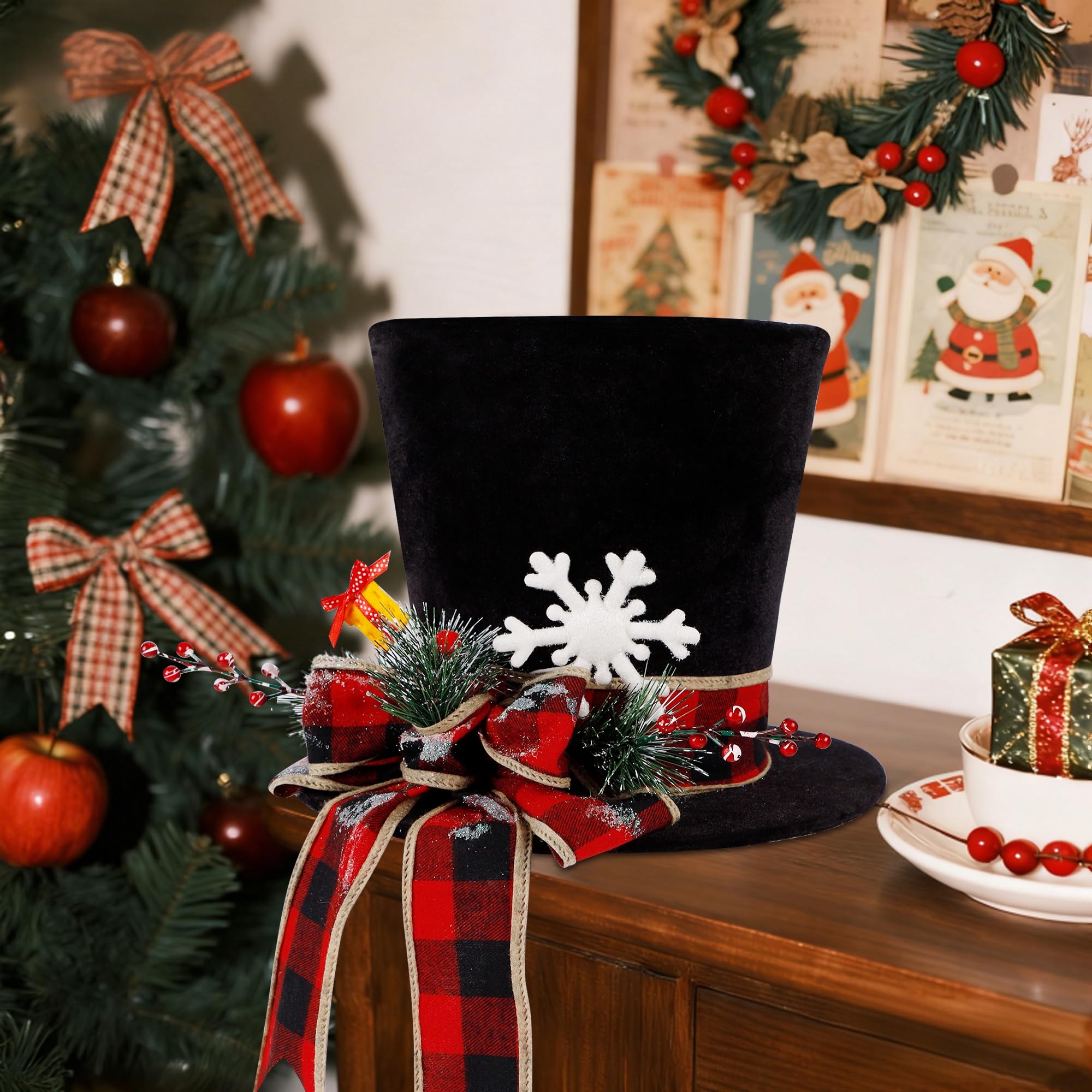 yofit Chapeau de Sapin de Noël, Chapeau en Velours Noir avec nœud à Carreaux Rouges et Flocons de Neige, décoration de Sapin de Noël, décoration de Bureau pour la Maison, Les Vacances, la décoration