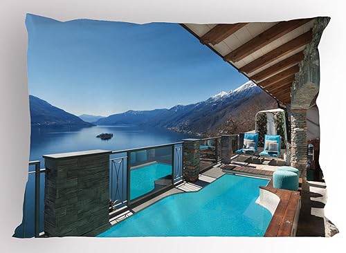 Miniatura 1 de Ambesonne Funda de almohada de verano, terraza con piscina y vista al lago desde la casa, balcón, ocio, destino de vacaciones, funda de almohada