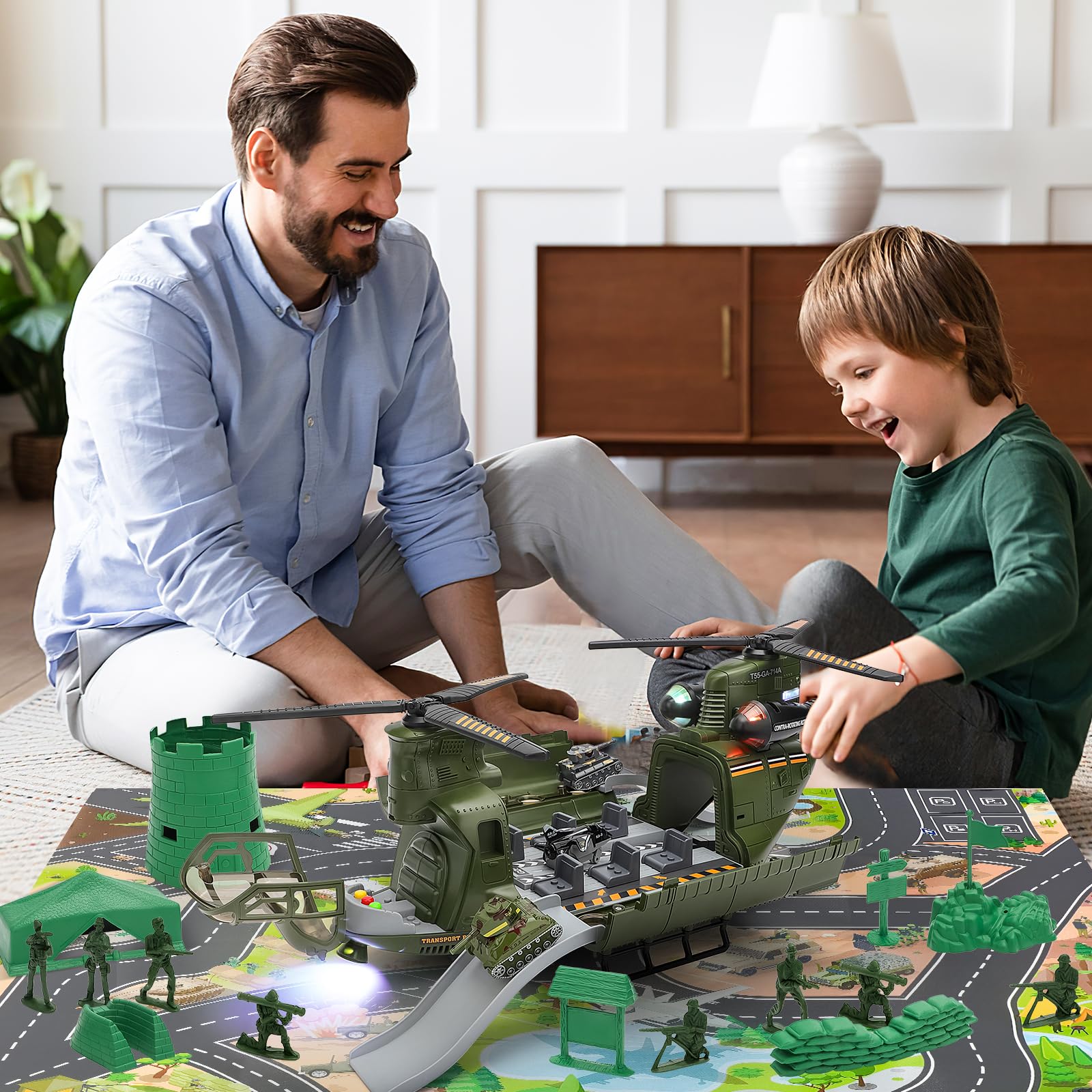 deAO Jeu de Jouets Hélicoptère Militaire Hélicoptère de Transport avec Son et lumière, Soldat Armée Hommes Figurines d'action, Jouets Armée Militaires Cadeaux d'anniversaire de Noël pour Enfant