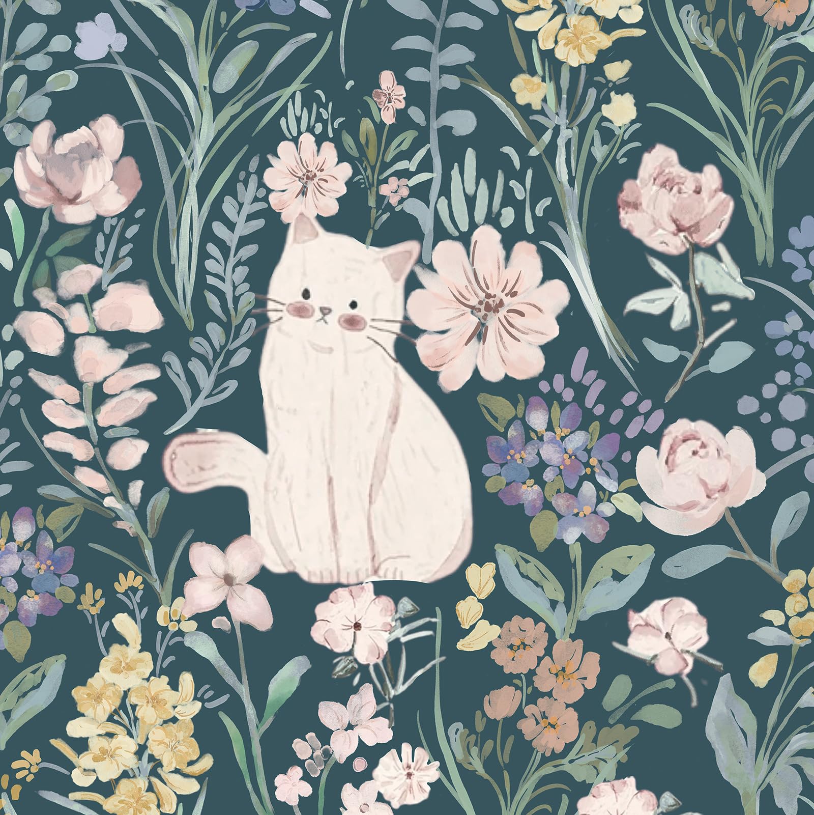 Yomshi Self Adhesive Wallpaper Vintage Cat and Floral Contact Paper 44 x 1000 cm Blue Sticky Back Wallpaper Vinyl Film for Table Wall Living Room Textured Waterproof Easy to Cut โ image 1