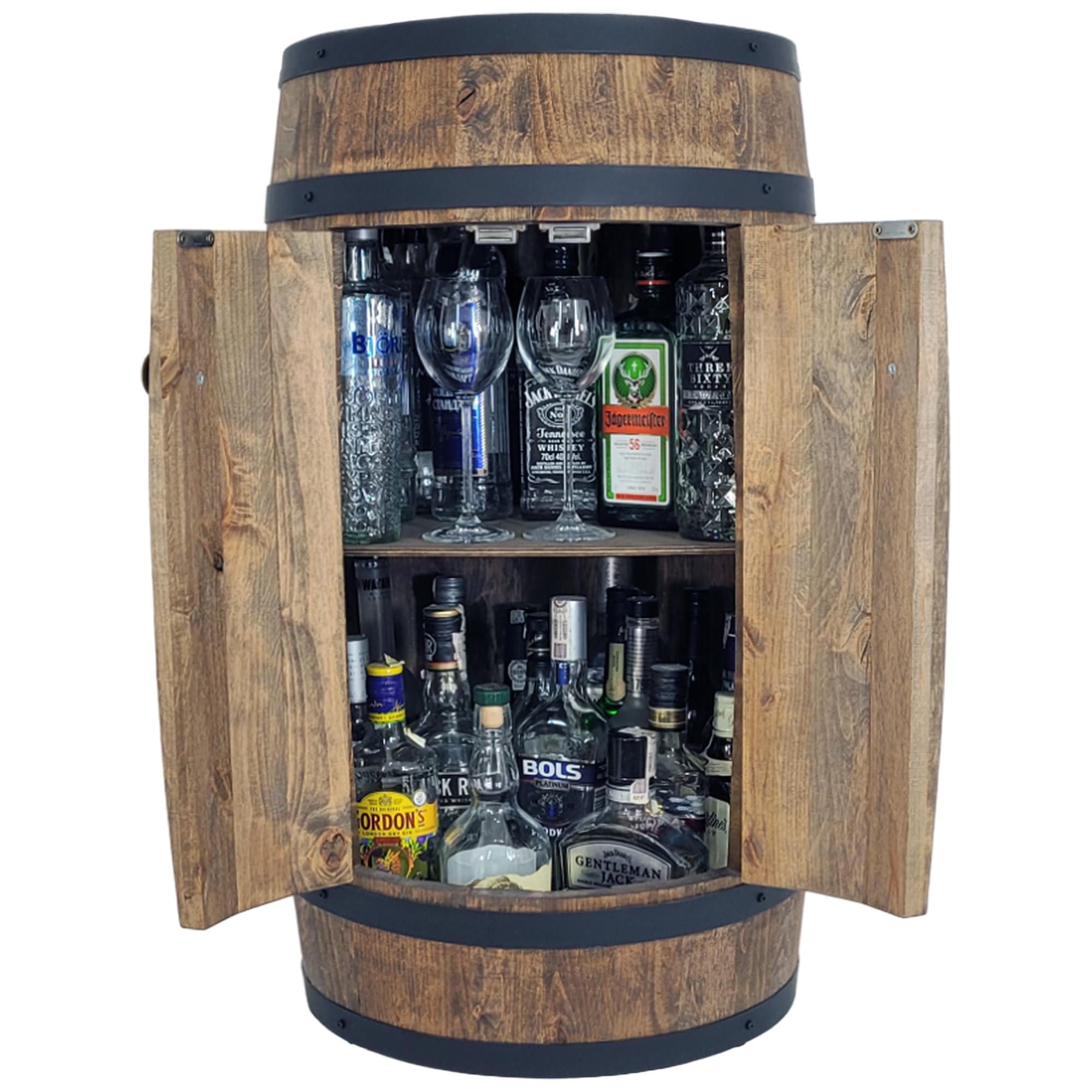 WEECO Barile con due ante, armadio per bevande, Whisky bar, Barile di vino, Cantinetta Portabottiglie in Legno, Mini Bar scaffale rotondo, Scaffale vino Botte vini, Barile Grappa, Barile da whisky