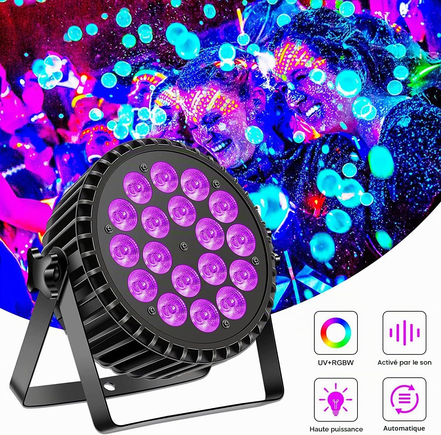 4 pièces 200W LED Par DJ Projecteur RGB UV noire lumière disco DMX512/ Aotu/son activé Éclairage de scène pour Fête DJ Bar Noël Halloween Mariage（Expédition depuis l'allemand）