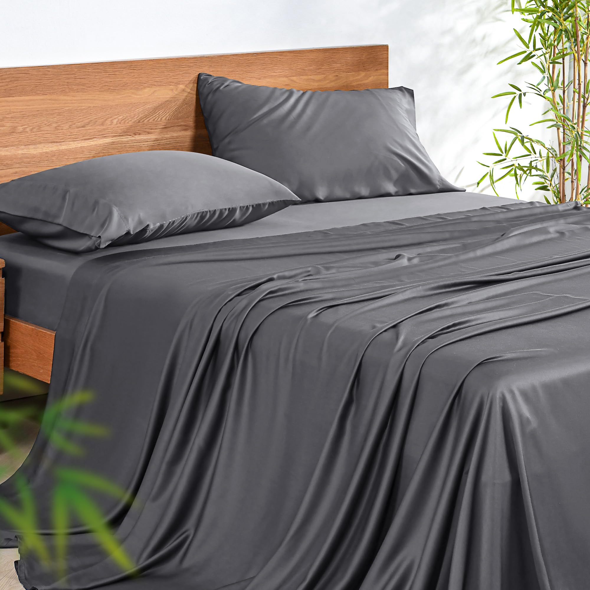 NATUREFIELD 100 Rayon Viscose Derived from Bamboo Sheets Set - Gray Queen Size 4 Piece- Hotel Luxury Silky-Smooth