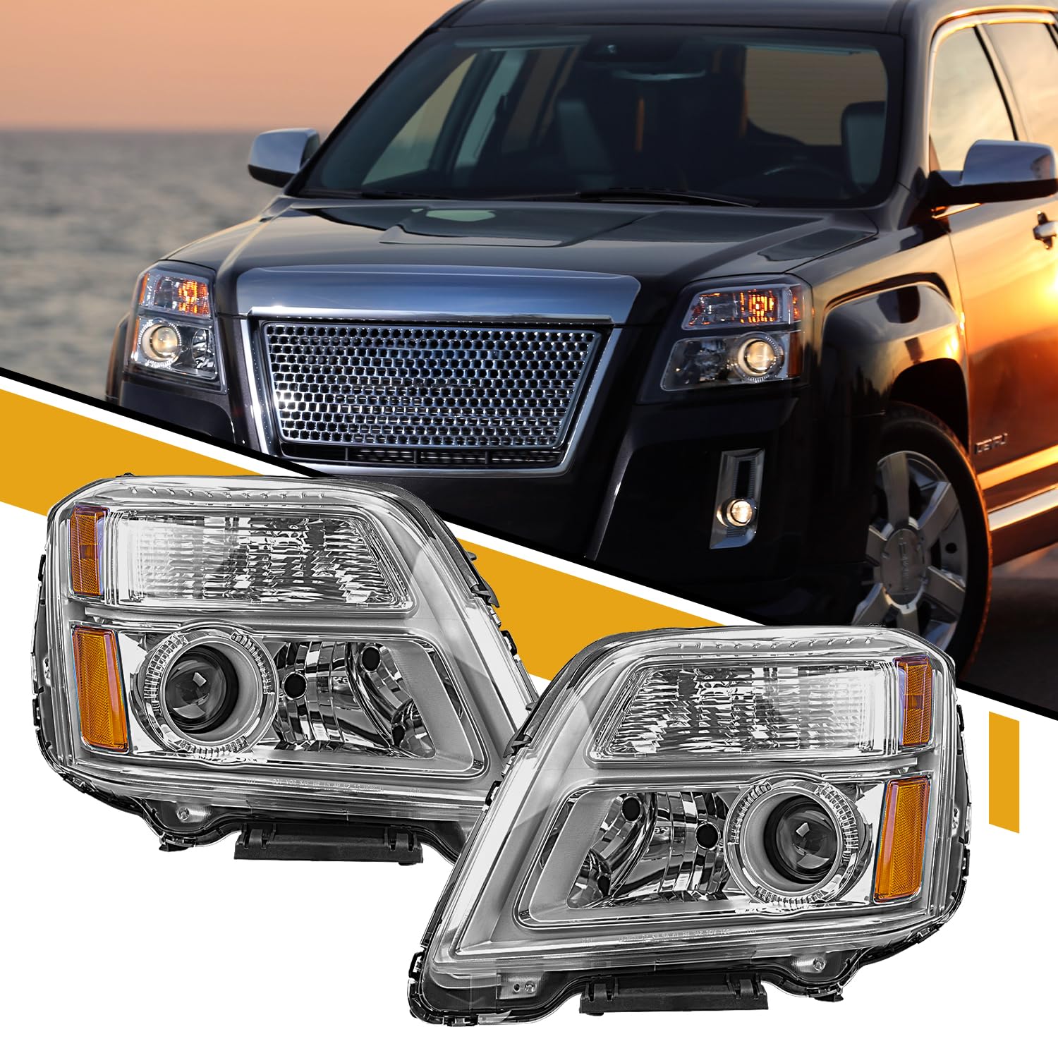 CLERYEE Headlight Assembly Compatible with GMC Terrain 2010 2011 2012 2013 2014 2015, Factory-Style Halogen Headlamp Replacement, Set of 2 84791974 84791975, Bulb not Included, Clear+Amber