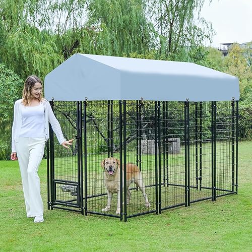 Miniatura 7 de Perrera para perros grandes de 8 x 4 x 6 pies, corralito de acero soldado resistente con techo impermeable, cuencos giratorios de 360, cerramiento