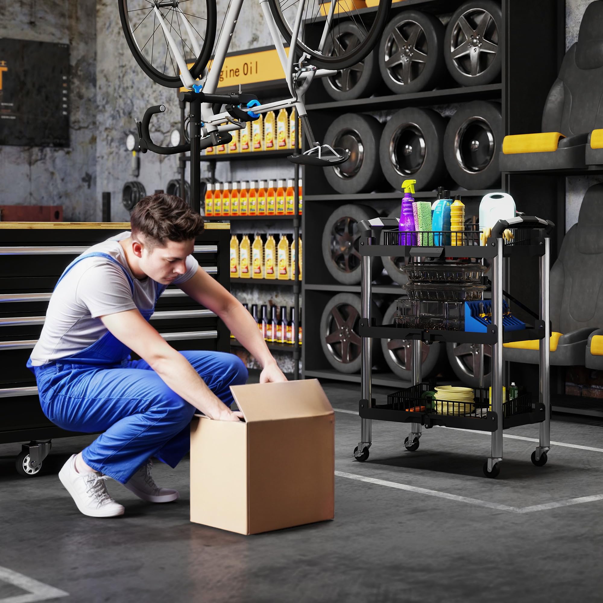HOMCOM Carrello attrezzi pieghevole 3 livelli, ruote, 150 LBS, nero | Carrello utility pieghevole con maniglie, organizer servizio mobile, per garage magazzino officina.