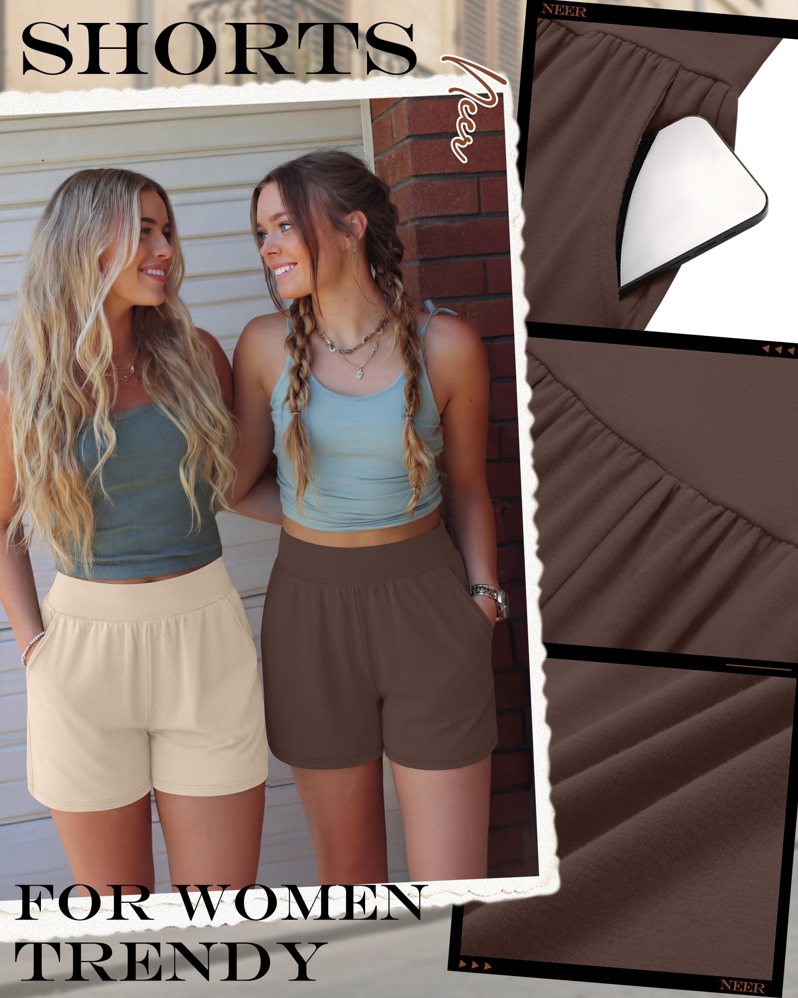 Neer Lot de 3 shorts confortables de 12,7 cm pour femme | Léger, jambe large, athlétique, yoga, détente, entraînement, course, pyjama, post-partum, taille élastique, poche, été