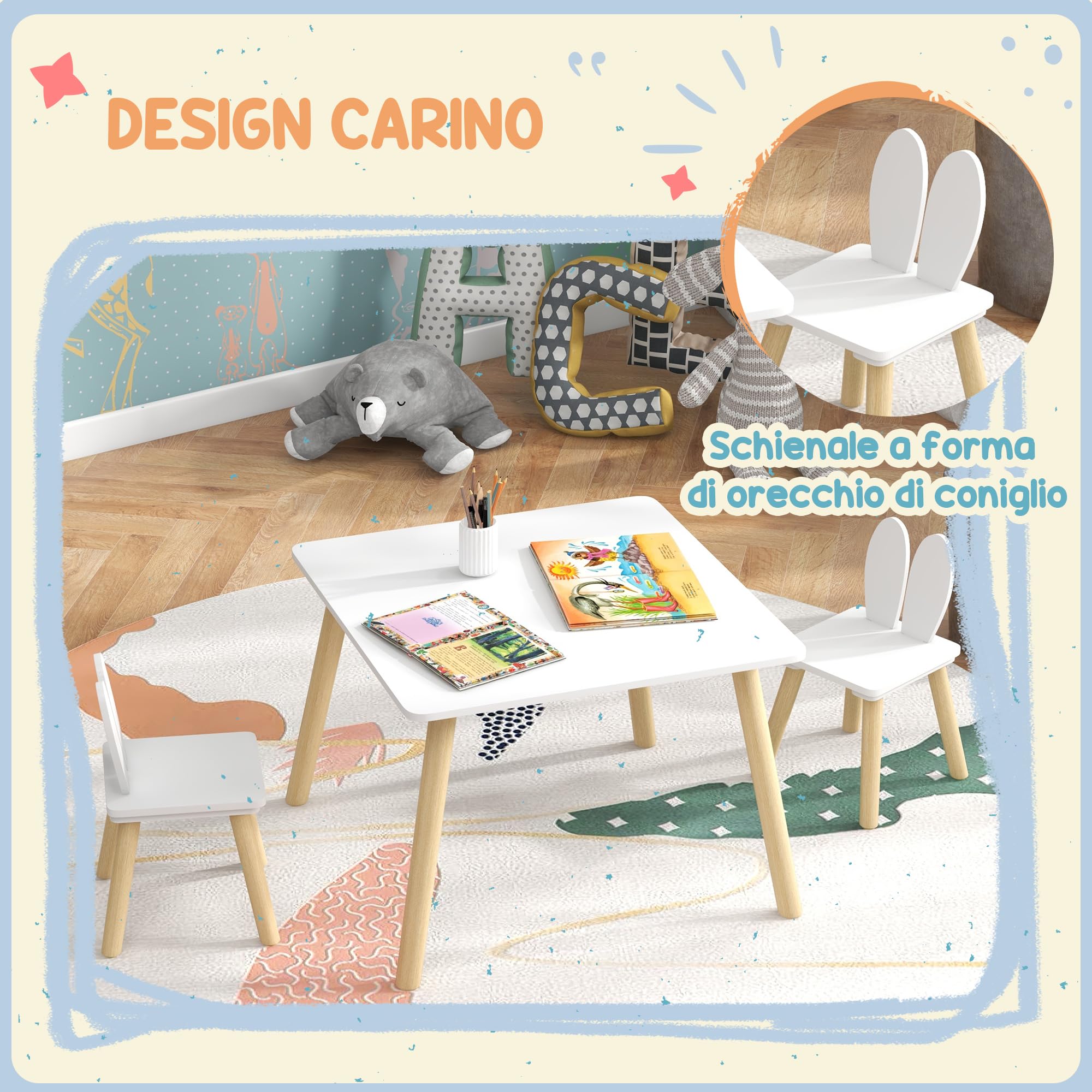 AIYAPLAY Ensemble Table et 2 chaises Enfant Table pour Enfant avec 2 chaises Design scandinave Motif Oreille de Lapin Bois pin Blanc