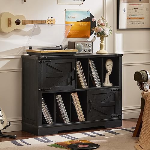 Miniatura 7 de Soporte grande para tocadiscos con almacenamiento de vinilo de hasta 450 álbumes, gabinete de almacenamiento de discos de vinilo negro de madera de