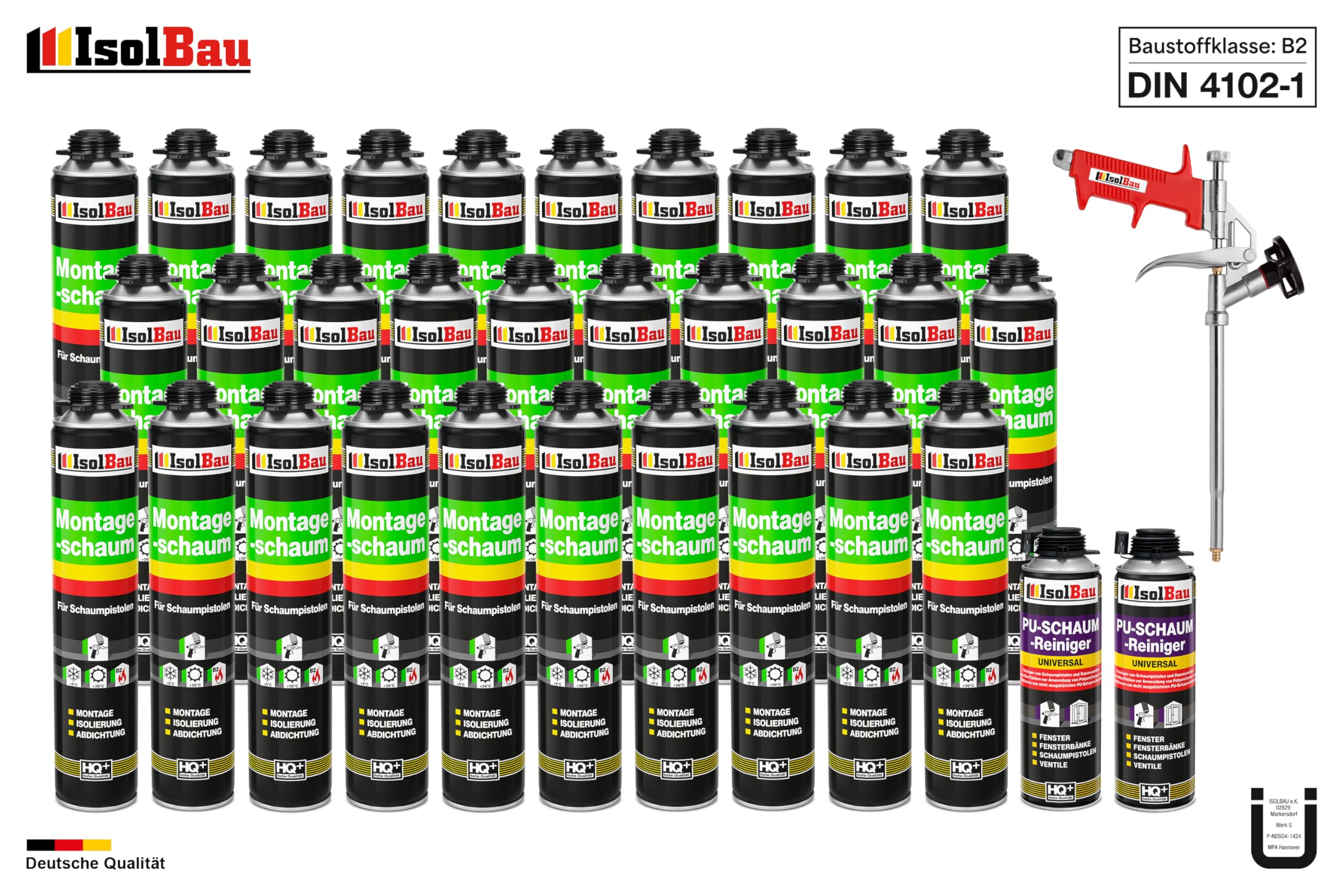 Isolbau Bauschaum-Set - Inkl. 30 x 1K Montageschaum B2 Pistolenschaum mit hervorragender Schall und Wärmedämmung (je 750 ml), 2 x PU-Schaum-Reiniger (500 ml) & 1 x Schaumpistole, Abdichten