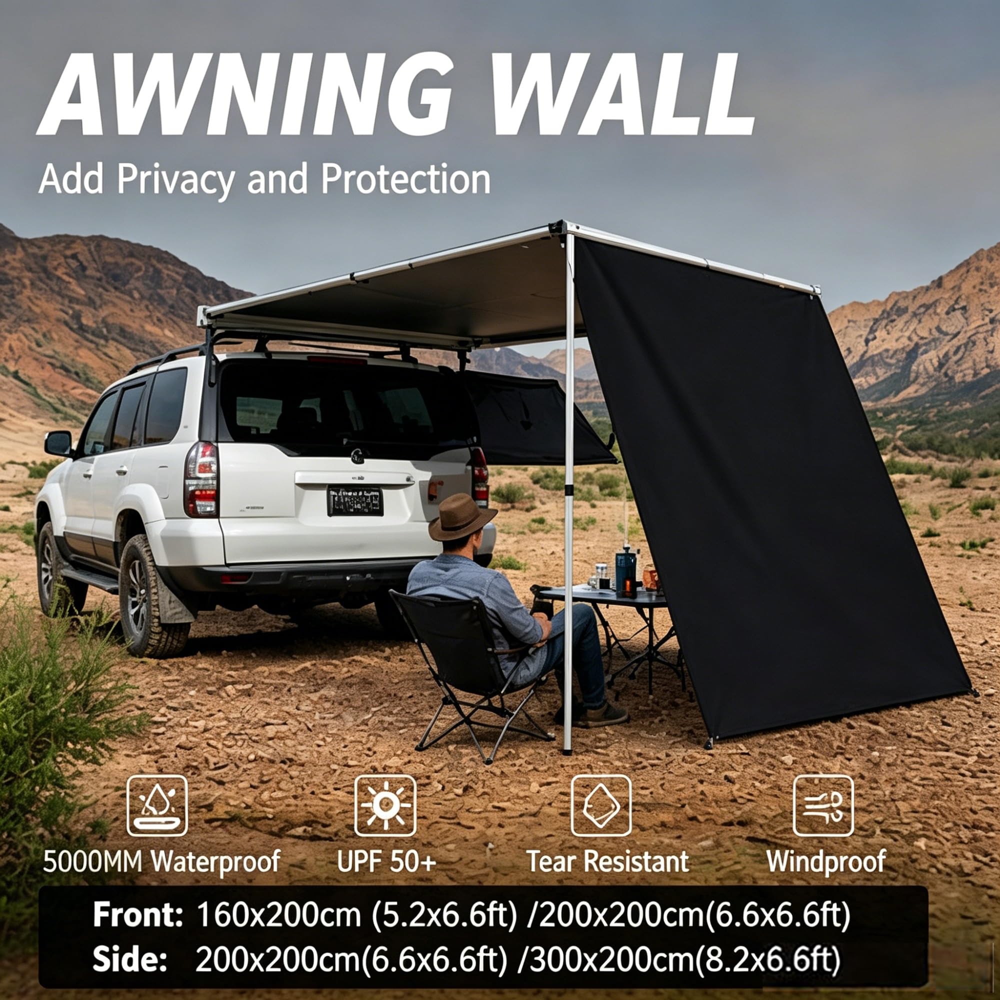 Mehrseitige Fahrzeug Vorzelt Erweiterungswand, Markise Auto 420D Oxford wasserdichte Vorzeltwand Set, UPF 50+ Sonnenschutz Verdeck für Camping Einsatz(Black,200x250cm/6.6x8.2ft)