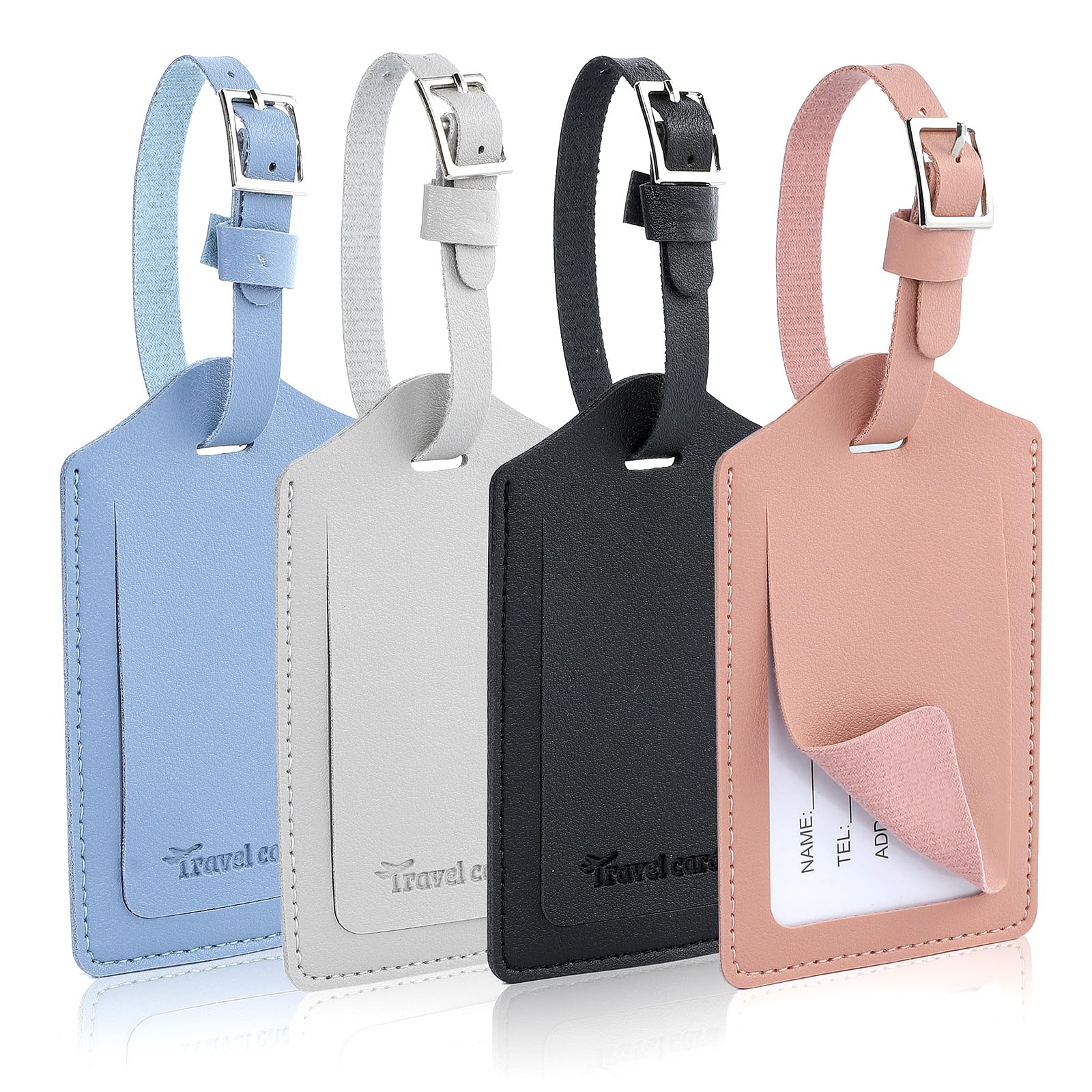 AiQInu Pack of 4 Suitcase Tags, PU Leather Luggage Tags for Suitcases with Name Plate, Suitcase Tag with Adjustable Buckle, Address Tag Suitcase for Business Trips, Air Travel