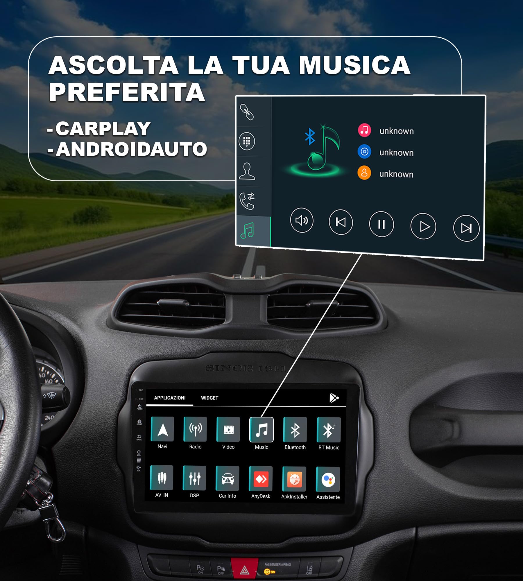 JF Sound - Autoradio Android JF-039JR-X9C - Per Jeep Renegade dal 2014-9" HD - CarPlay/Android Auto Wireless - GPS - 4GB RAM - 64GB ROM - DAB+ - WiFi - Bluetooth - Prodotto in Italia