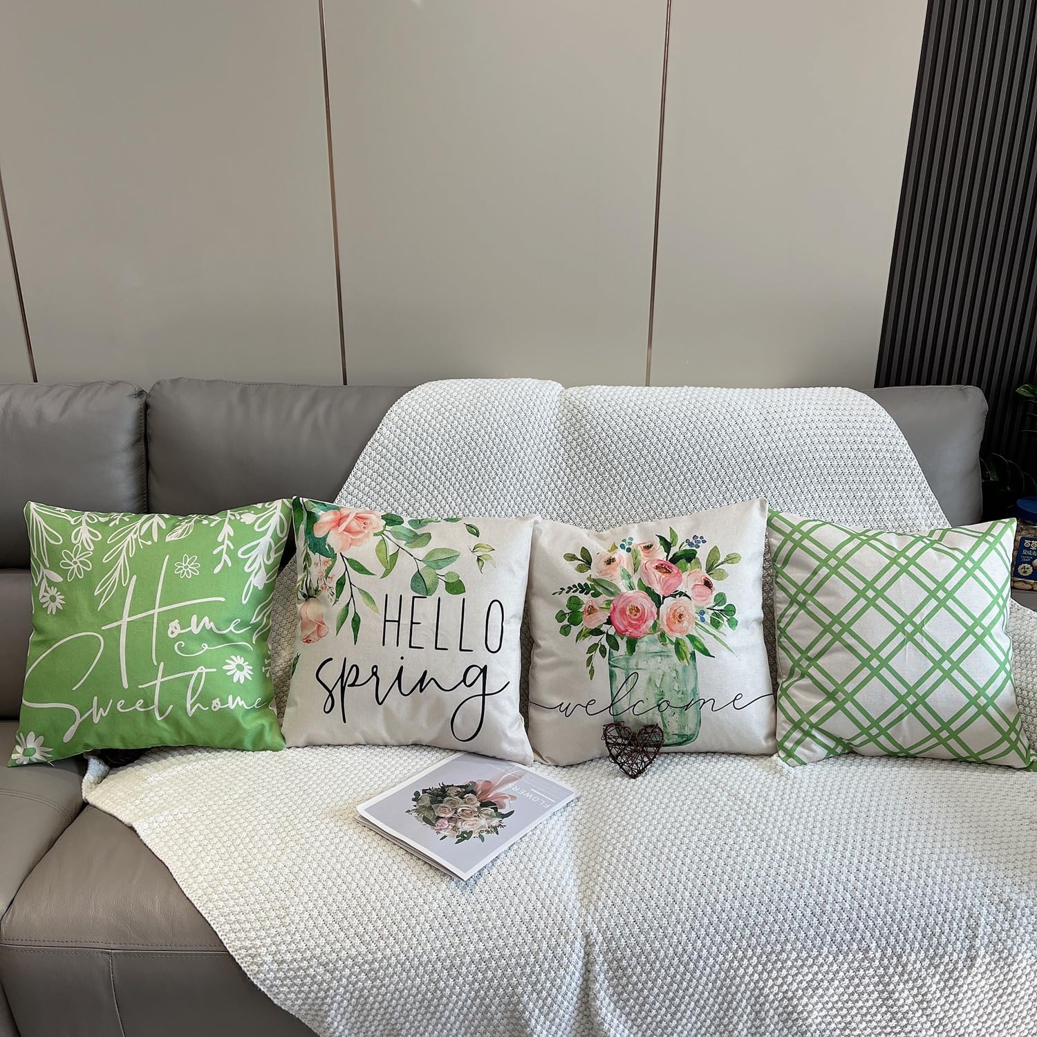 GYISANA Cushion Covers 45cm x 45cm,Set of 4 Hello Spring Decorative Throw Pillow Covers Spring Flower Linen Square Pillow Cases 18x18 Inch for Sofa Living Room Bed Couch Car Home Decor - Image 2
