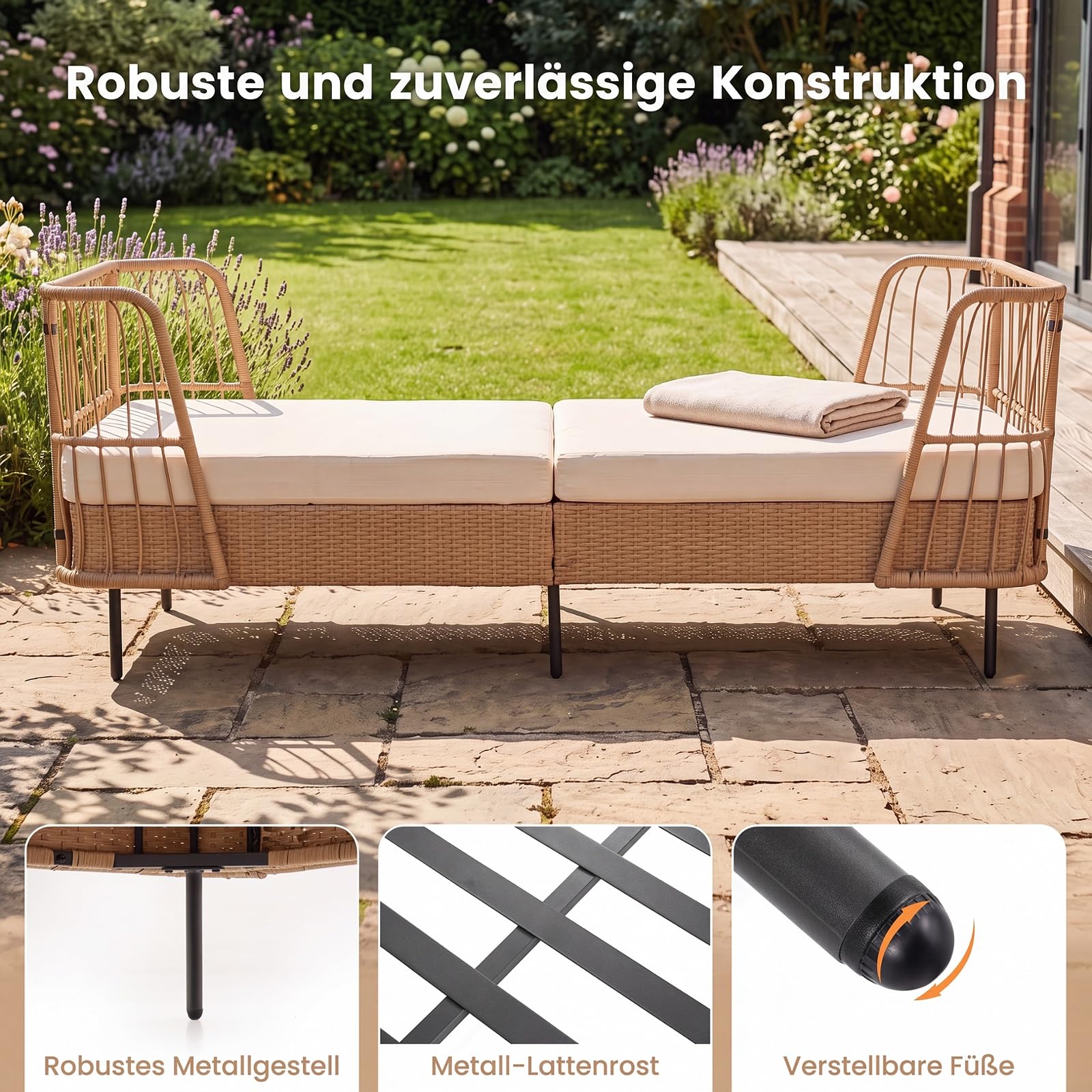 COSTWAY Rattan Lounge Sofa, Lounge Möbel Outdoor, Gartenlounge | Gartenliege mit Kissen, Daybed Wetterfest, Polyrattan Gartenmöbel, Balkonmöbel Kleiner Balkon