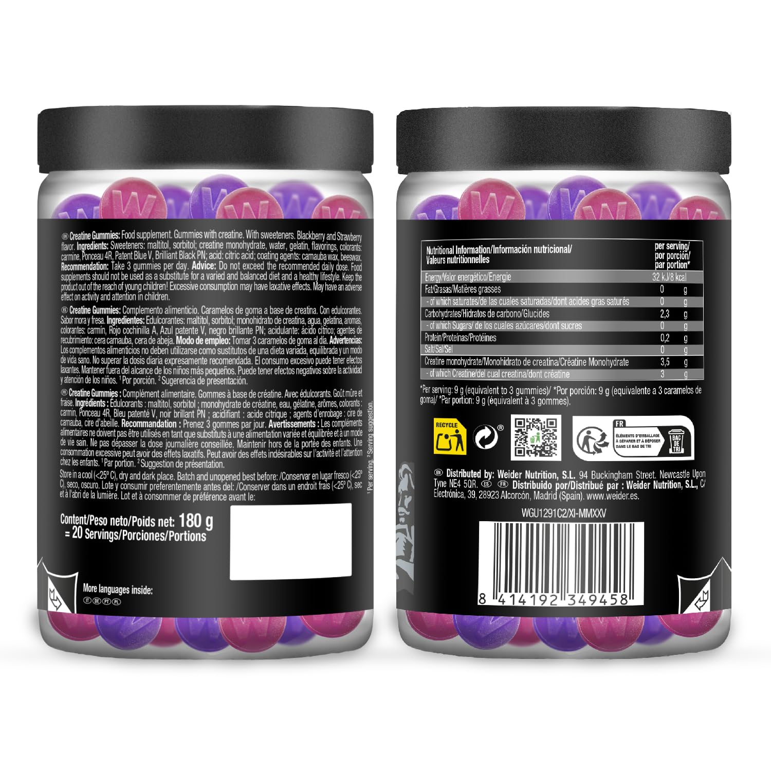 Weider Micronized Creatine Gummies (60 gominolas) Sabor DUO Fresa-Mora, con 3,5g creatina monohidrato 200 MESH/porción, Certificado por laboratorio Europeo, ayuda al rendimiento físico (20 porciones)