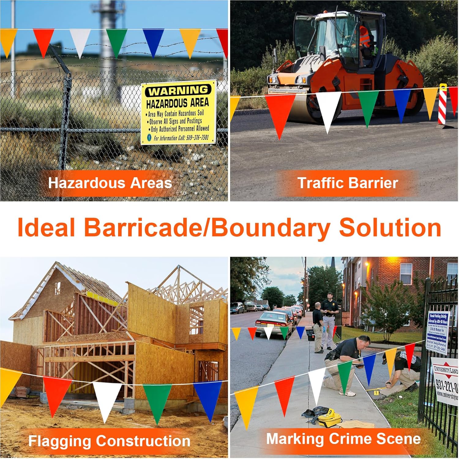 Safety Banner Flags, Perimeter Warning Flag Line, For Flagging Construction/Traffic Barrier/Parking Lot/Rooftop/Party & Special Events Multicolor 7" X 10" Pennants On 50' String - Image 5