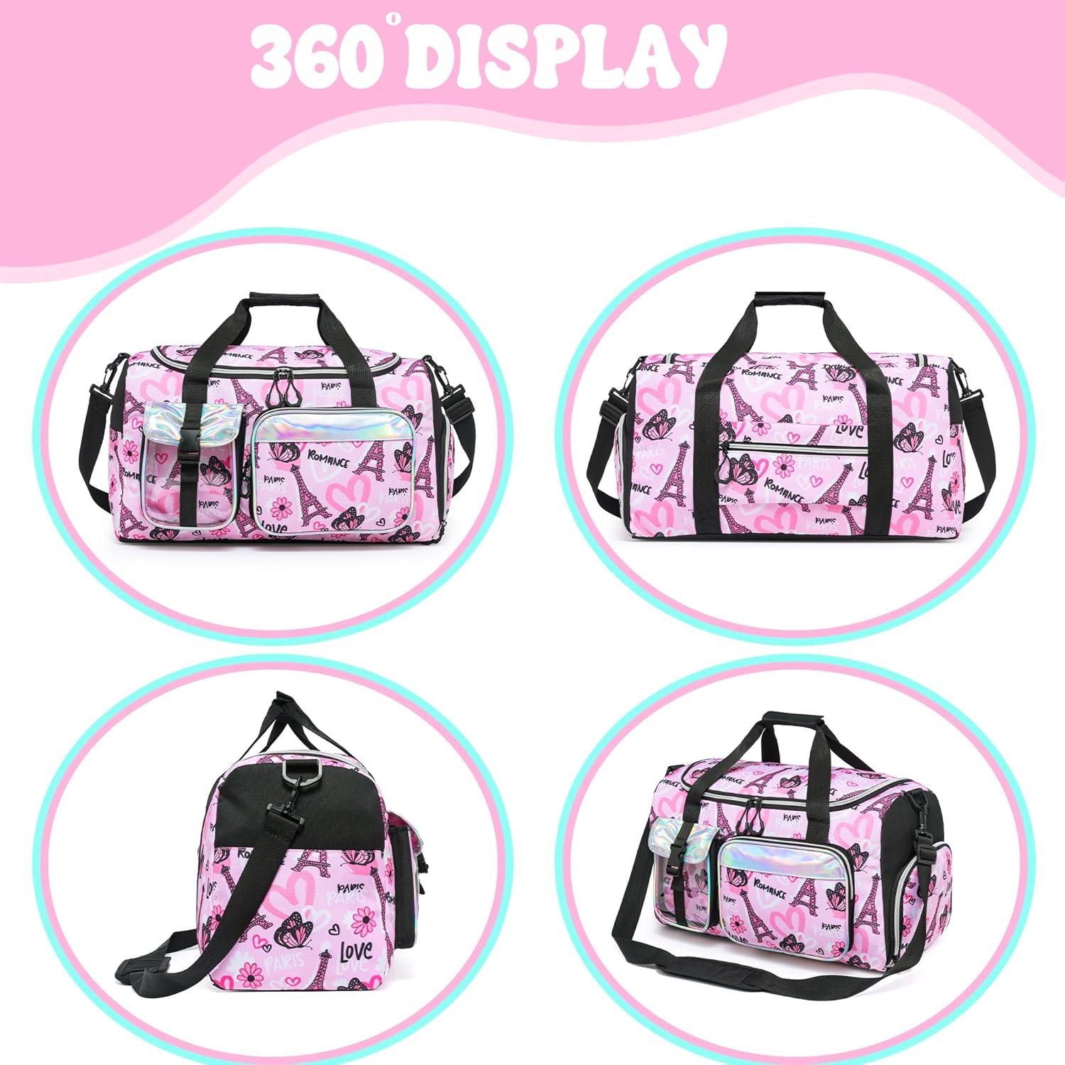 Kids Duffle Bag Girls Dance Bag Travel Overnight Sleepover Bags for Girls Gymnastics Sports Bags for Kids with Shoe Compartment - Image 3