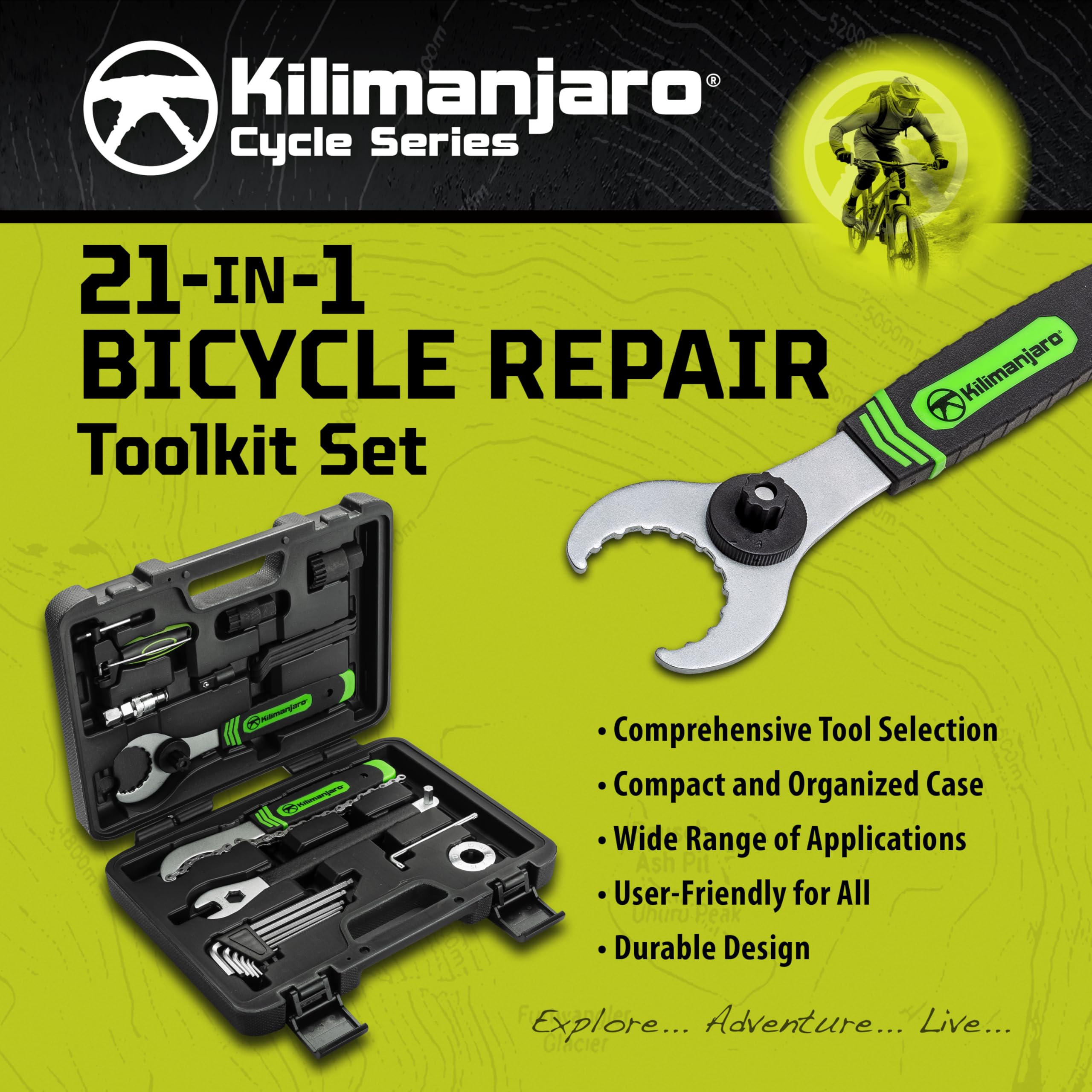 Kilimanjaro Cycle Series 21-teiliges Fahrrad-Reparaturwerkzeug-Set, Speichenschlüssel, Reifenheber, Sechskantschlüssel, Pedalschlüssel, Kettenwerkzeuge - 910532ECE