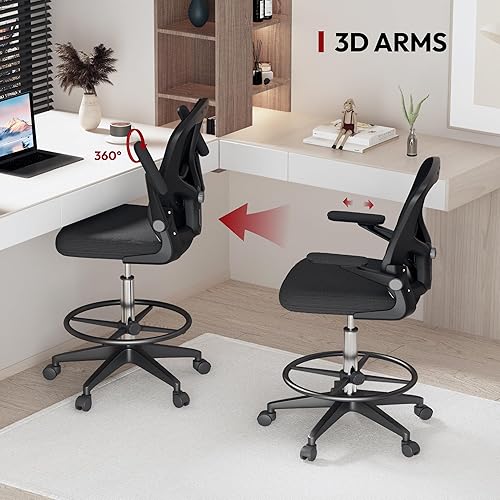 Miniatura 6 de SANODESK Silla ergonómica de dibujo, silla de escritorio de pie con malla transpirable 2D, soporte lumbar 3D, reposabrazos abatible y reposapiés,