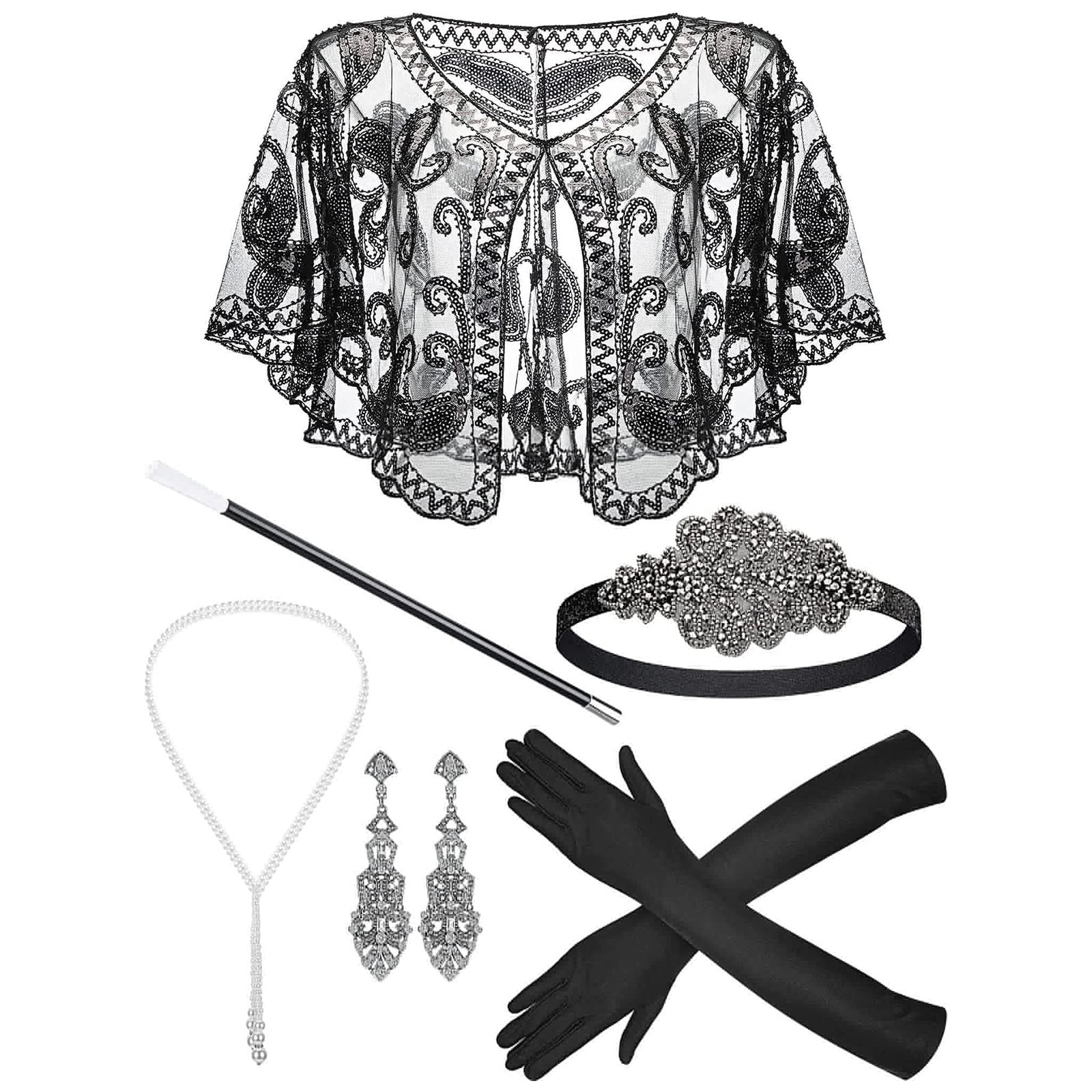 Morain 20er Jahre Flapper Frauen Kostüm Party Stirnband Halskette Zigaretten Halter 1920er Jahre Vintage Cosplay Party Kostüm Zubehör Feder Schal Set Event Schal