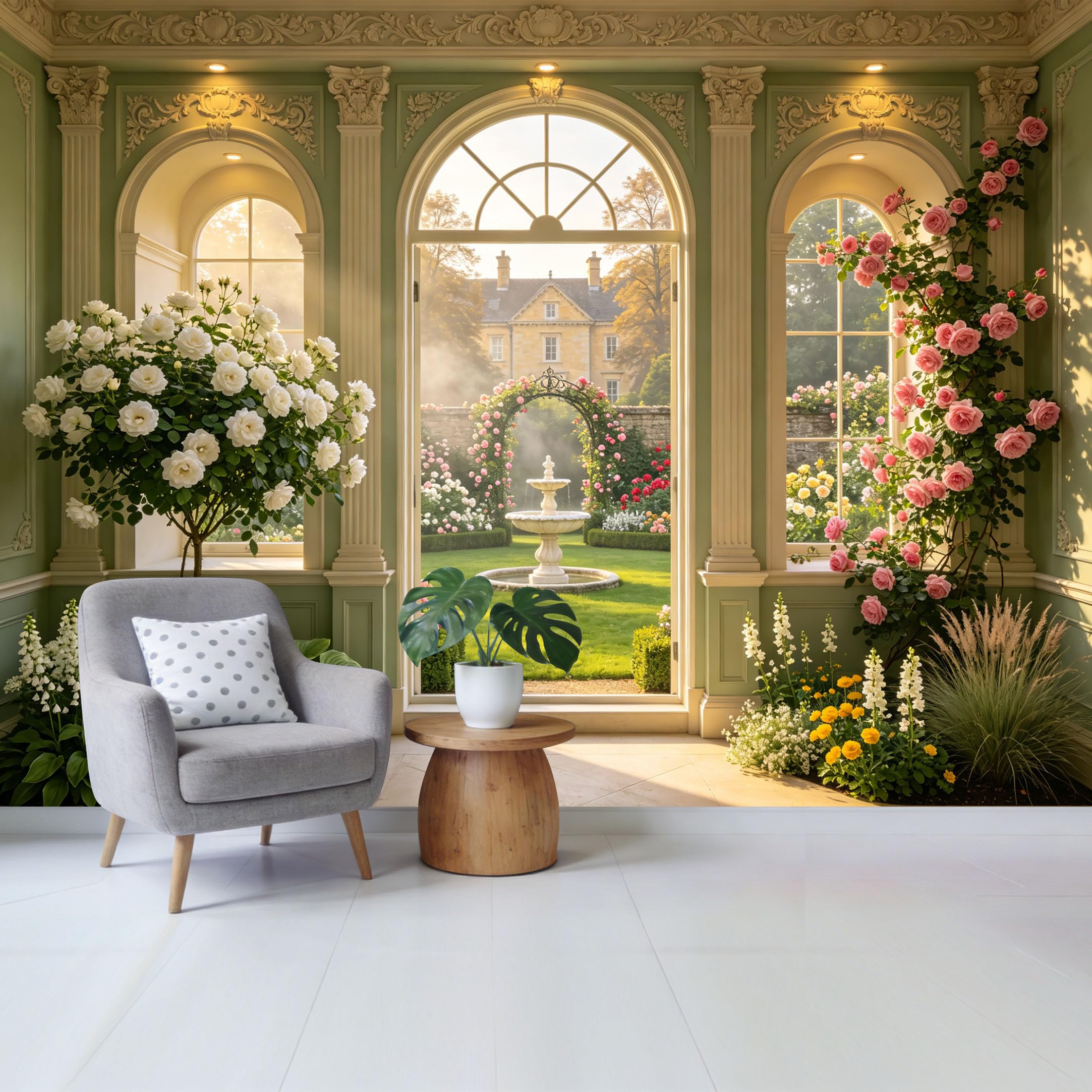 Removable Self Adhesive Fabric Mural， Neoclassical Estate Garden Fountain Custom Size Wall Covering， UV Protected Waterproof Washable Wall Decor for Living Room Bedroom Bathroom