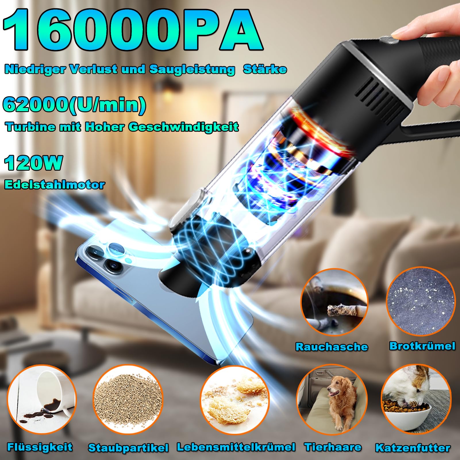 Aspirador de Mano Potente 16000PA, Aspiradora de Coche Sin Cable, Mini Aspiradora Portátil Recargable de Mano Inalámbrica con Filtro HEPA, Autonomía de 25 Minutos, para sólidos y líquidos