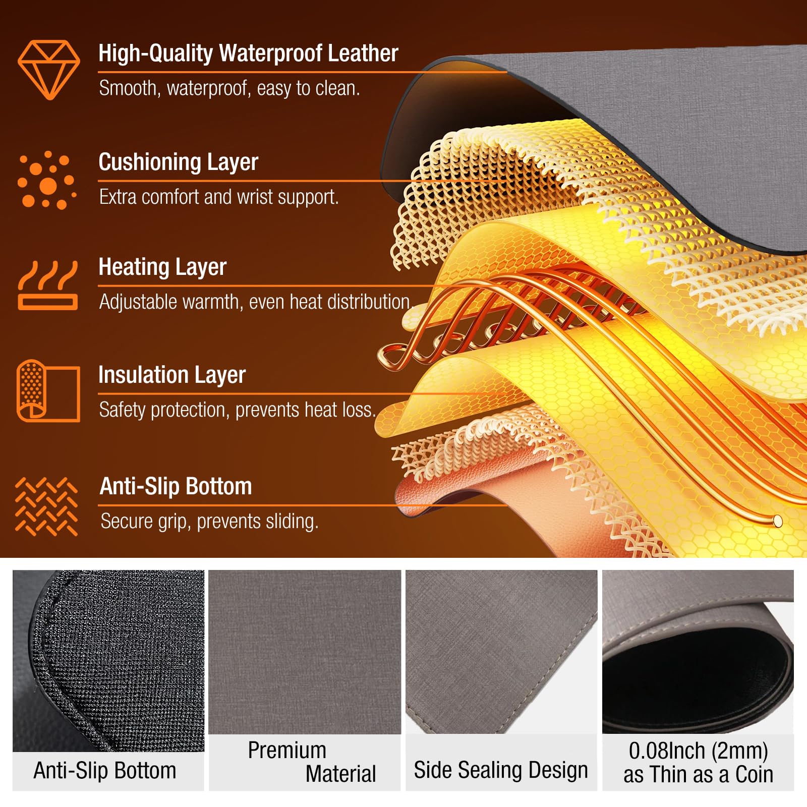 Onlytop Sous-main chauffant et tapis de souris – Température réglable et arrêt automatique, grand sous-main de bureau chaud en cuir imperméable avec base antidérapante pour une utilisation au bureau