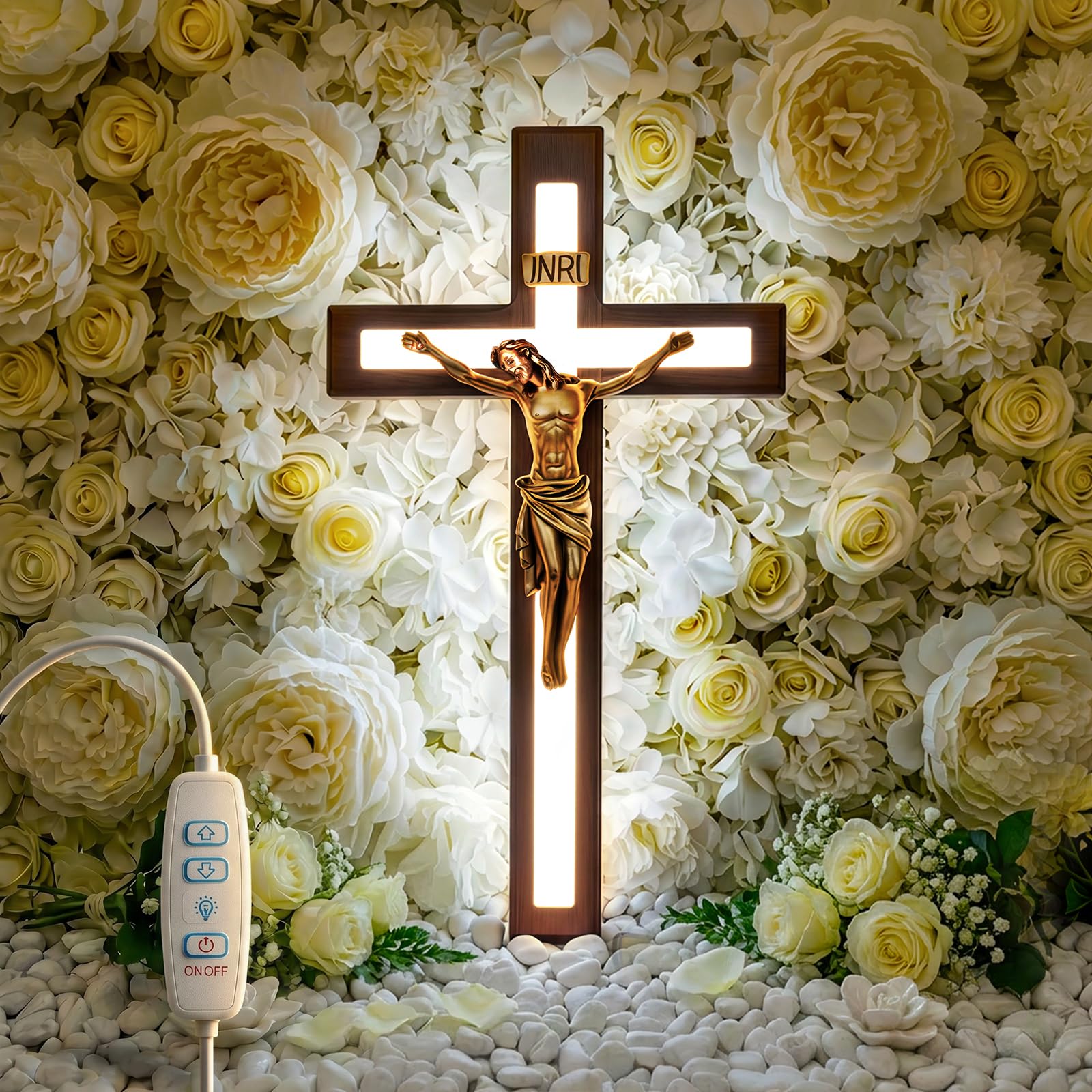 MoSavris Crucifix Wall Cross with Jesus with LED Light Handmade Wood Cross Wall Decor 13 Inch Catholic Wooden Cross for Faith &amp; Blessing Wall or Home Decor Faith Gift for your Acquaintances