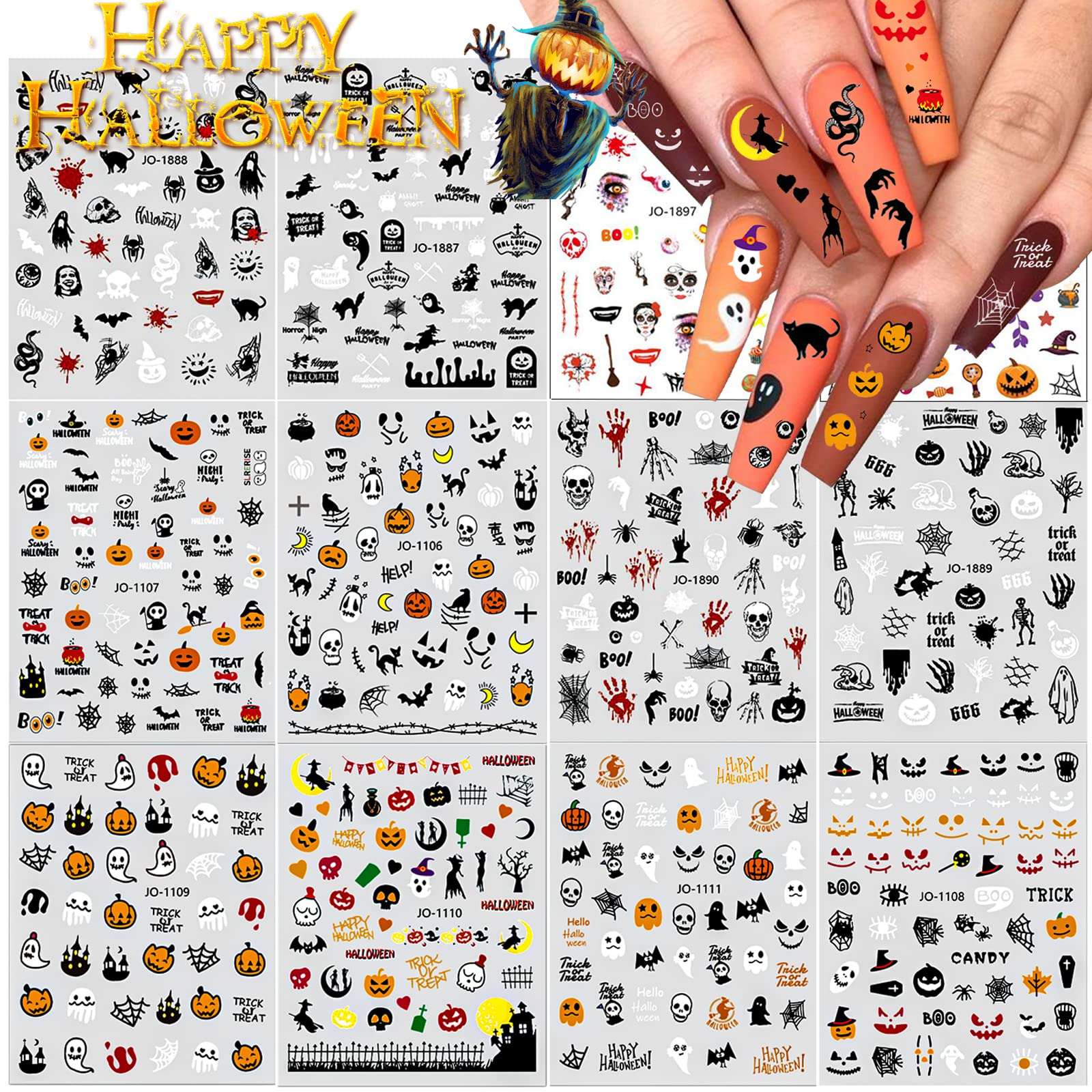 12 Sheets Halloween Nail Stickers Decals, Wsimily Self-Adhesive 3D Nail Art Stickers Pumpkin Skull Spider Ghost Bat Mixed Pattern Nail Decals for