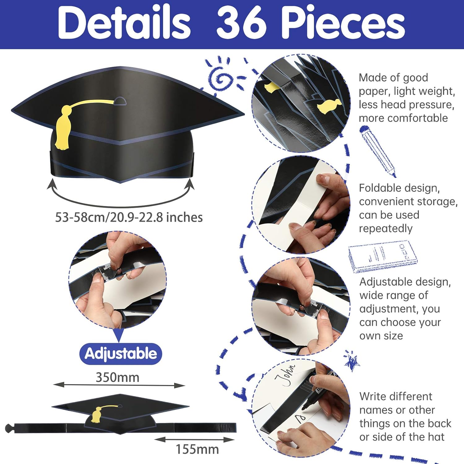 Syhood 36 Pcs Paper Graduation Cap for Kid Adult 2026 Adjustable Graduation Hat Headband Crown for Ceremony Party(Black)