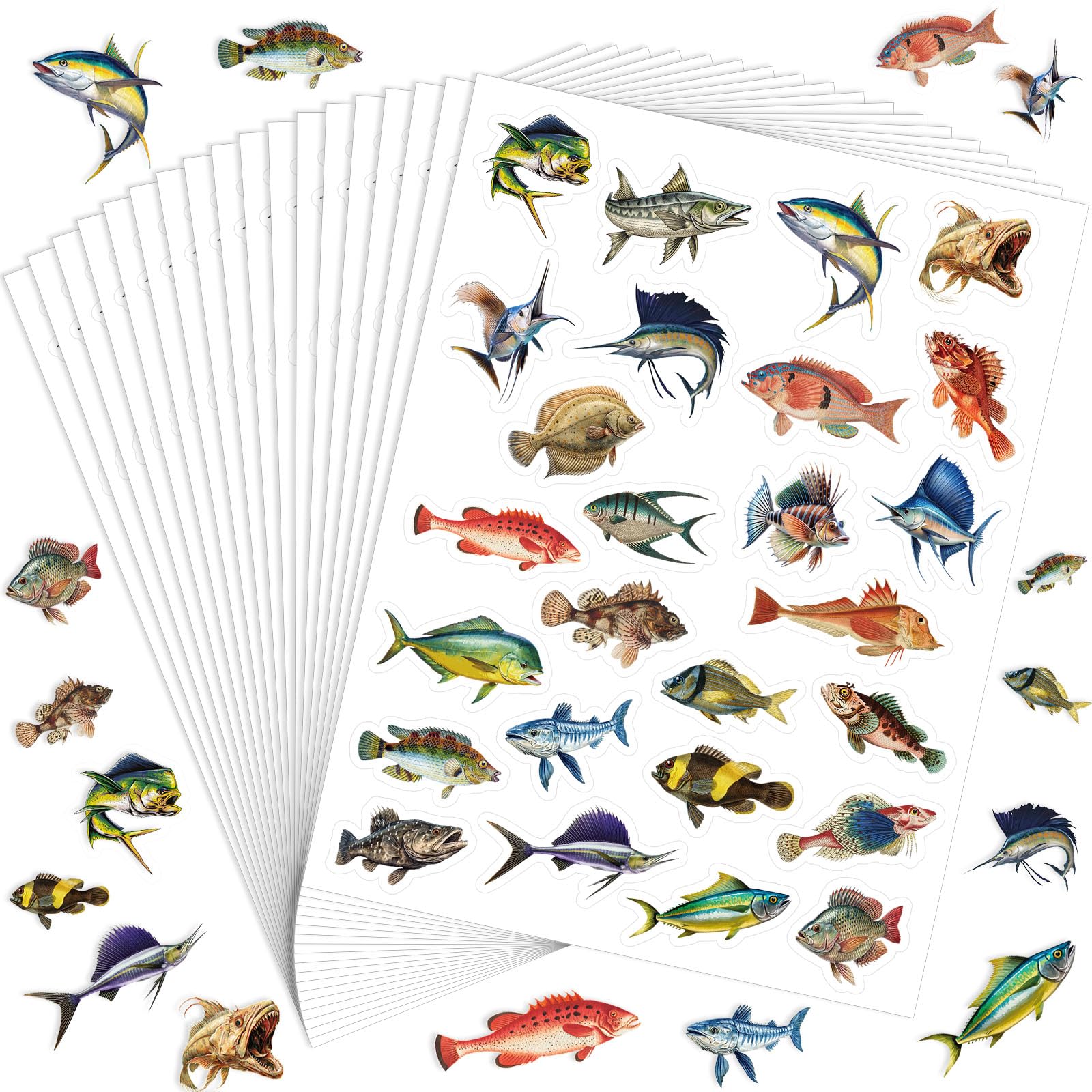 Geyee 20 Sheets Fish Stickers for Adult Crafts 520 Pcs Realistic Fishing Stickers Bulk Decals Waterproof Small Decals Funny Cool for Water Bottle