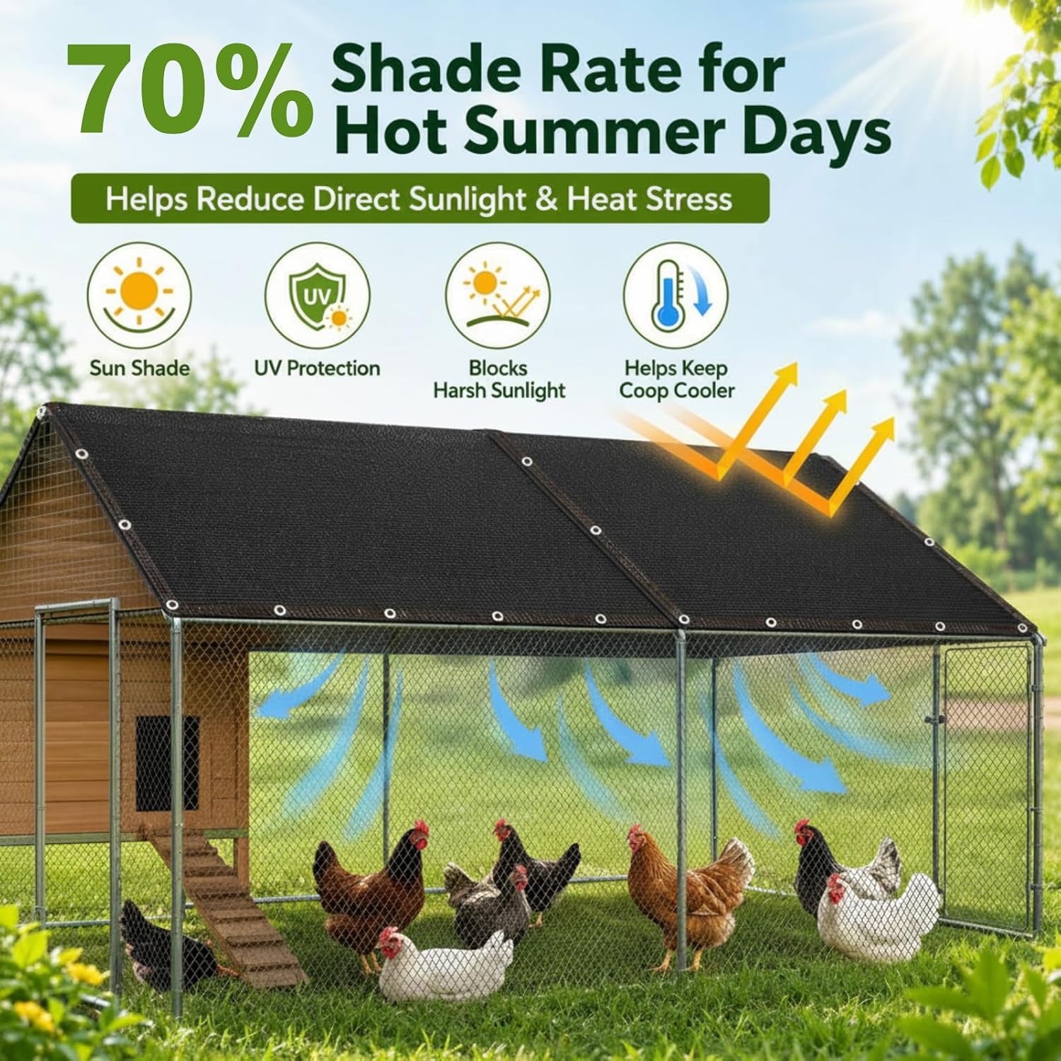 VitalCozy 70% Chicken Coop Shade Cloth, 11.5 x 6.6 ft Breathable Sunproof Chicken Coop Cover with Ball Bungees, Not Waterproof Summer Shade Mesh Net for Poultry, Plants, Greenhouse image 4