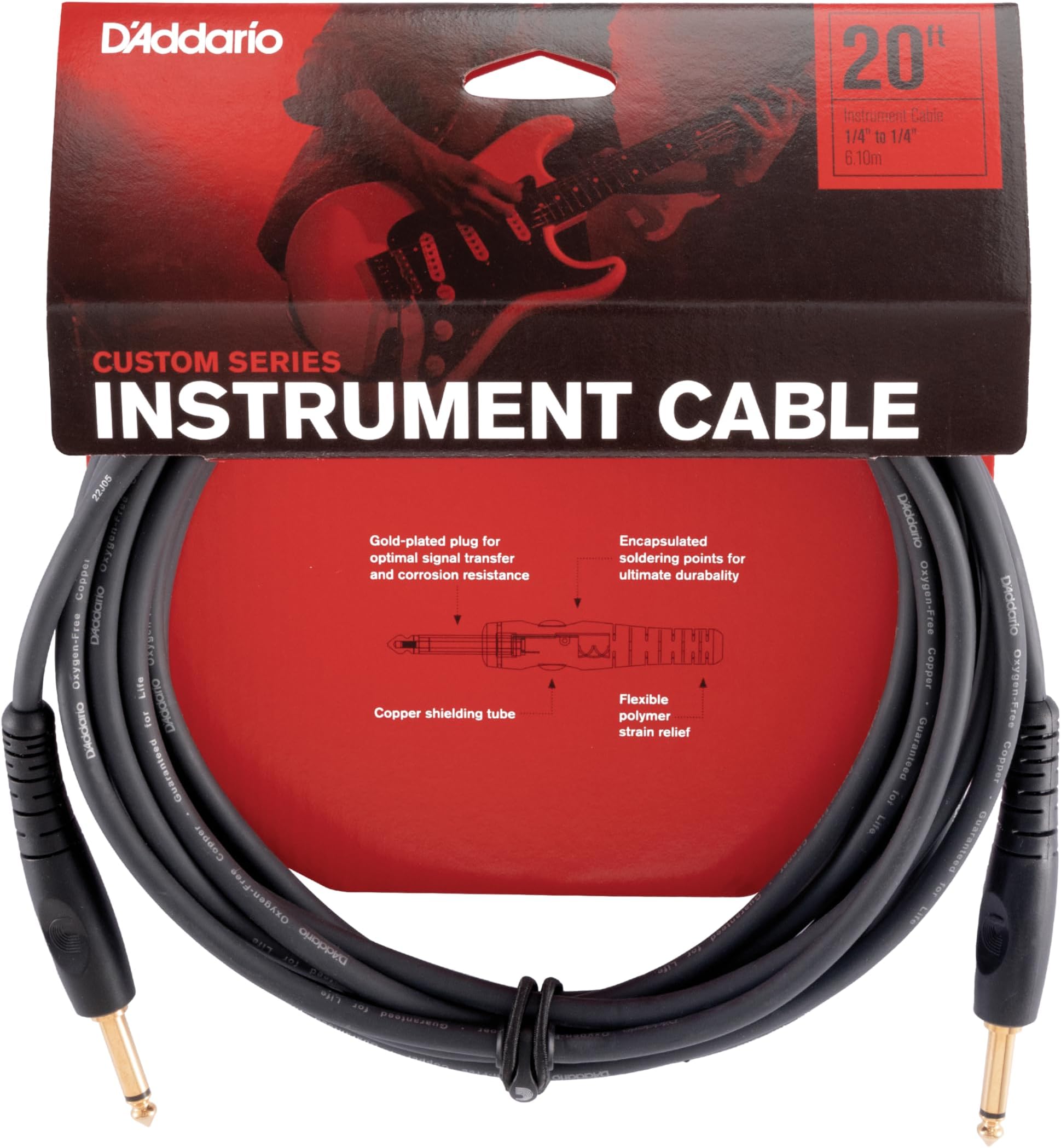D'Addario Guitar Cable - Guitar Lead - Shielded Ends - 1/4 Inch Male to 1/4 Inch Male - Custom Series - 20 Feet/7.62 Meters - Straight Ends - 1 Pack