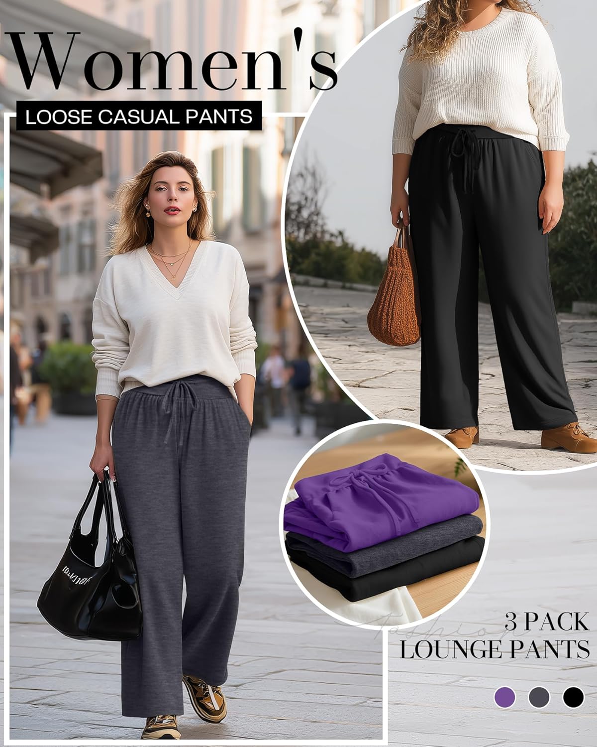 Neer 3 Pack Women's Plus Size Lounge Pants, Wide Leg Yoga Pants Baggy Drawstring Sweatpants with Pockets Casual Loose Jogger - Image 6