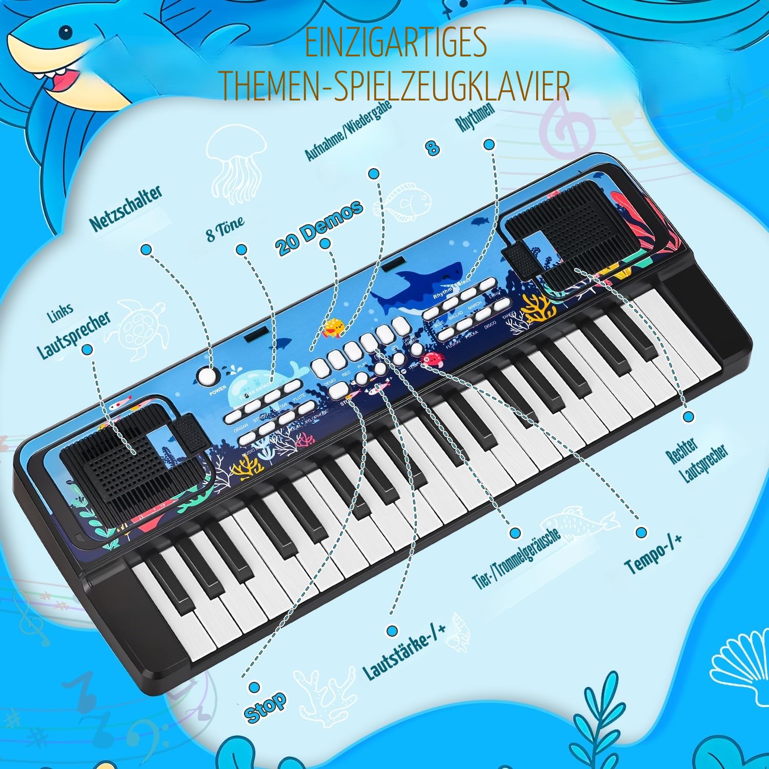 Kinder Keyboard Klavier mit Mikrofon Notenständer, 37 Tasten Tragbare Elektronische Kinderklavier Musik Spielzeug ab 3 4 5 6 Jahren, Geburtstag Weihnachten Geschenke für Jungen/Mädchen, Schwarz