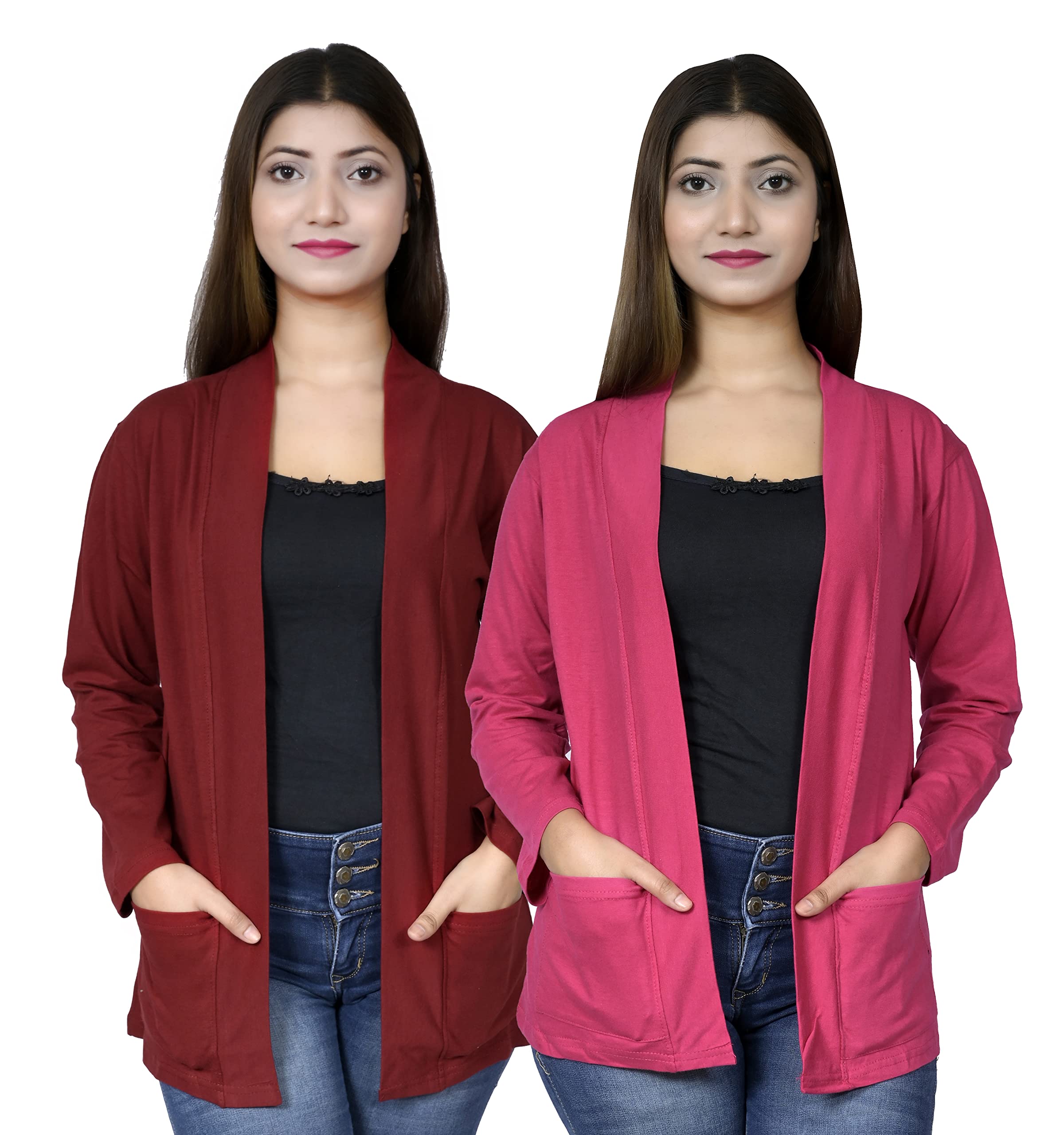 kg best collection Women's Cotton Shawl Neck Pocket Shrug Pack Of Two(Maroon,Rani),2XL-picture-14