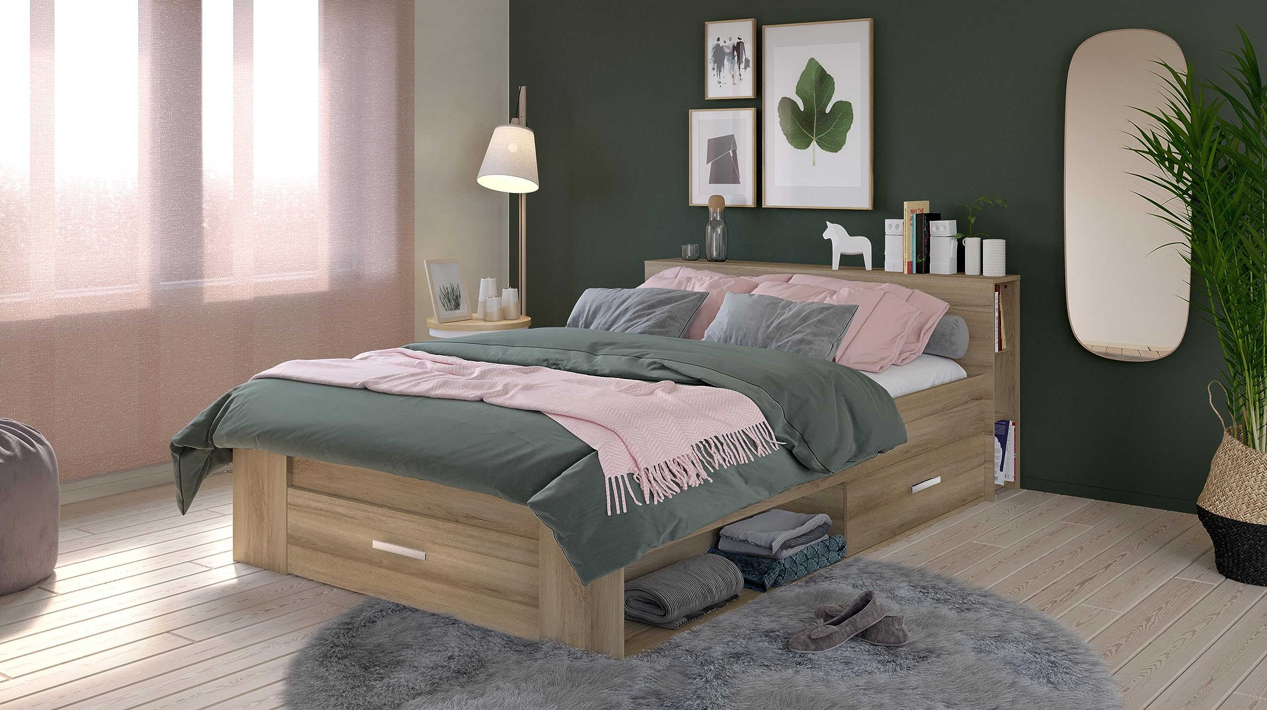 Lit 160x200 avec Rangement Style Contemporain 3 Tiroirs – Coloris Chêne - 169,1 x 226,9 x 74,3 cm
