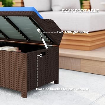 Outsunny 34 Gallon Outdoor Wicker Storage Bench Deck Box Blue | PE Rattan Patio Furniture, Pool Storage Bin Container, Interior Waterproof Cloth Bag, Comfortable Cushion