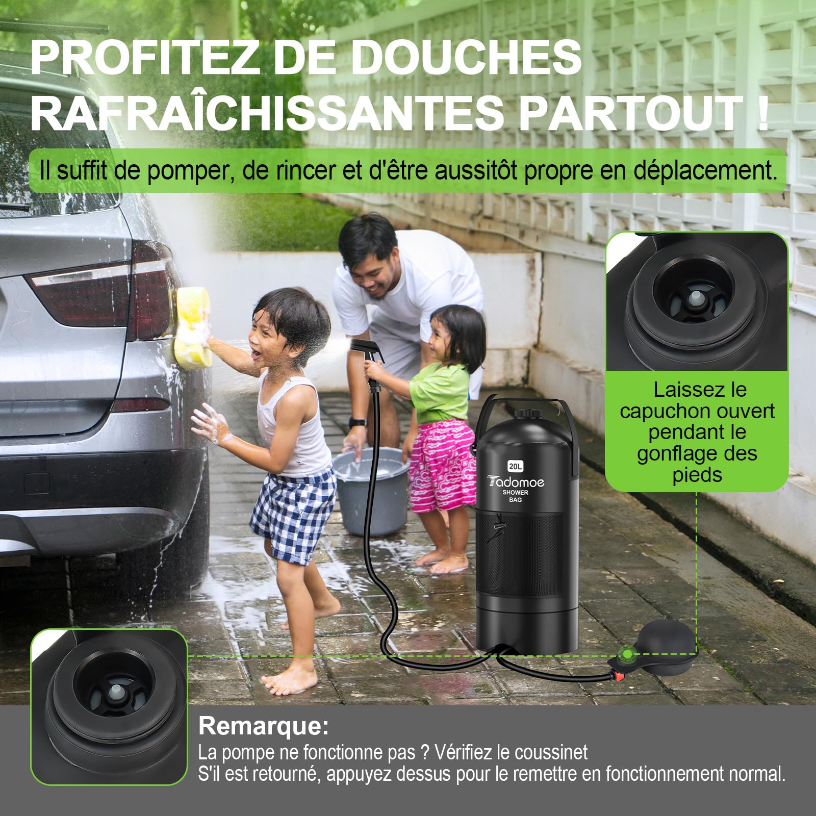20l Douche Solaire Camping Portable avec Pompe à Pied & Tuyau 2m - Sac de Douche Extérieur Pliable avec Pommeau et Sac - Idéal pour Voyage, Van, Plage, Chien et Jardin