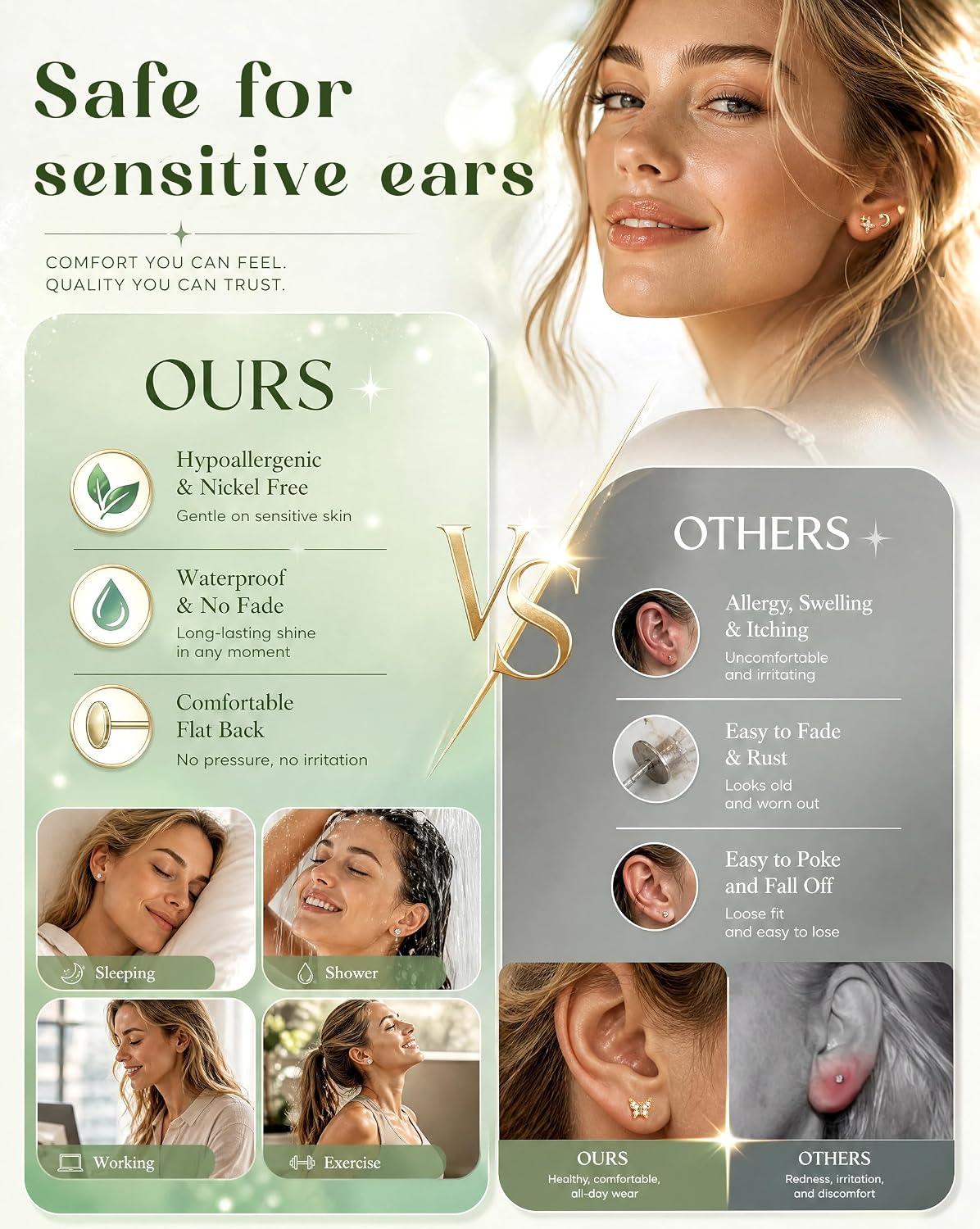 Gold Earring Stacks Surgical Steel Flat Back Stud Earrings for Women