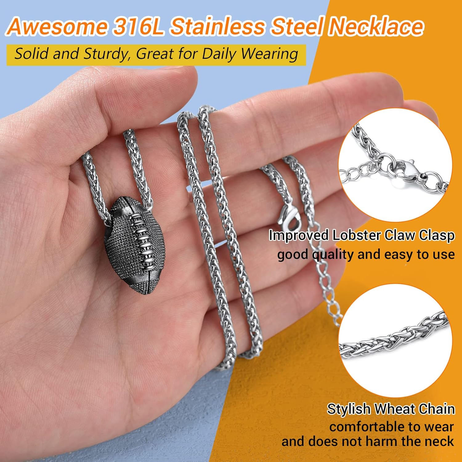 PROSTEEL 316L Stainless Steel 3D Football/Basketball/Volleyball/Baseball/Rugby Ball Cool Necklaces for Men, Sports Players Favors Jewelry, 22inch, Come with Box - Image 5