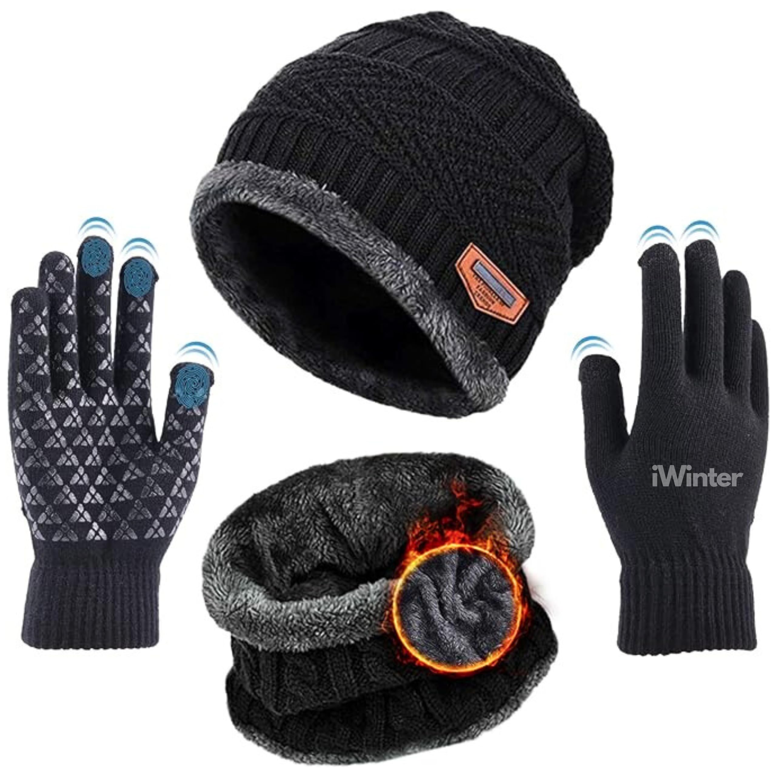 sument Beanie Hat Woolen Winter Cap with Neck Mufler & Hand Gloves Ultra Soft Elastic Warm Knit Hat Thick Fleece Lined Scarf Set Neck, Ear and & Warmer Combo Set for Travelling and Surfing Black-picture-51