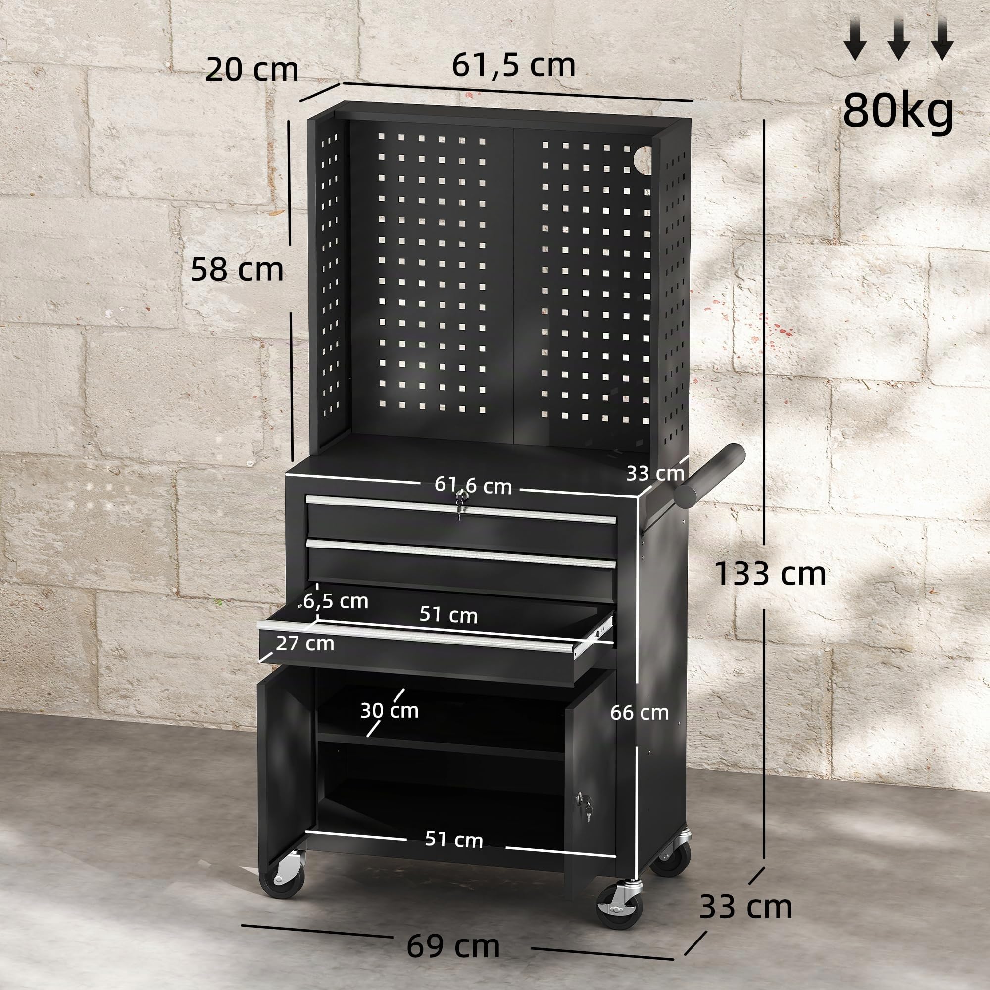 HOMCOM Chariot à outils avec 3 tiroirs et planche de Pegboard, chariot d'atelier, serrure par clé, étagère réglable, 2 roues avec frein de blocage, noir