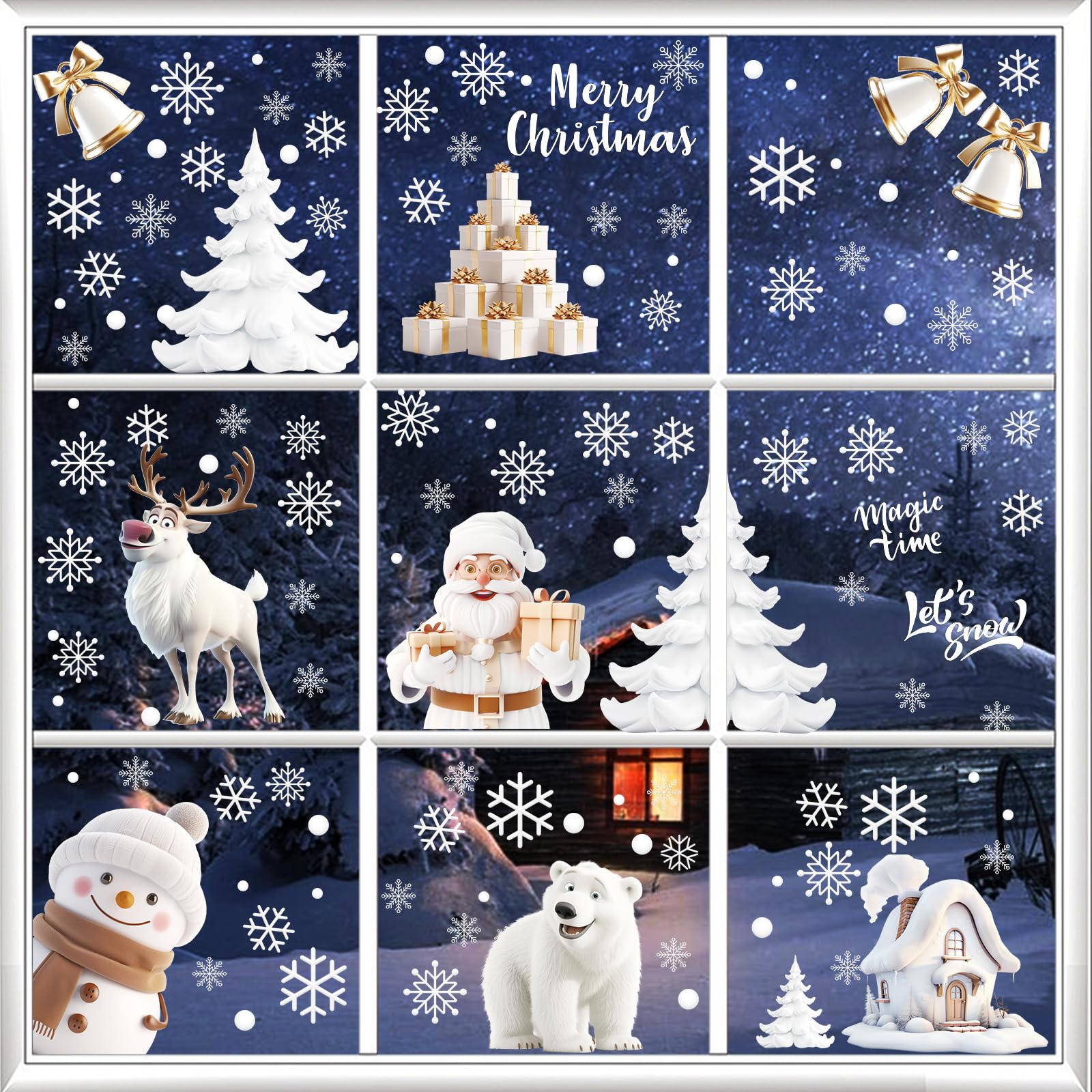 Pegatinas Navideñas para Ventanas, 9 Hojas 156 Piezas Pegatinas Decorativas de Pared Escena de Nieve con Papá Noel Arboles de Navidad Cascabel Regalos Oso Polar Pegatinas Electrostáticas PVC