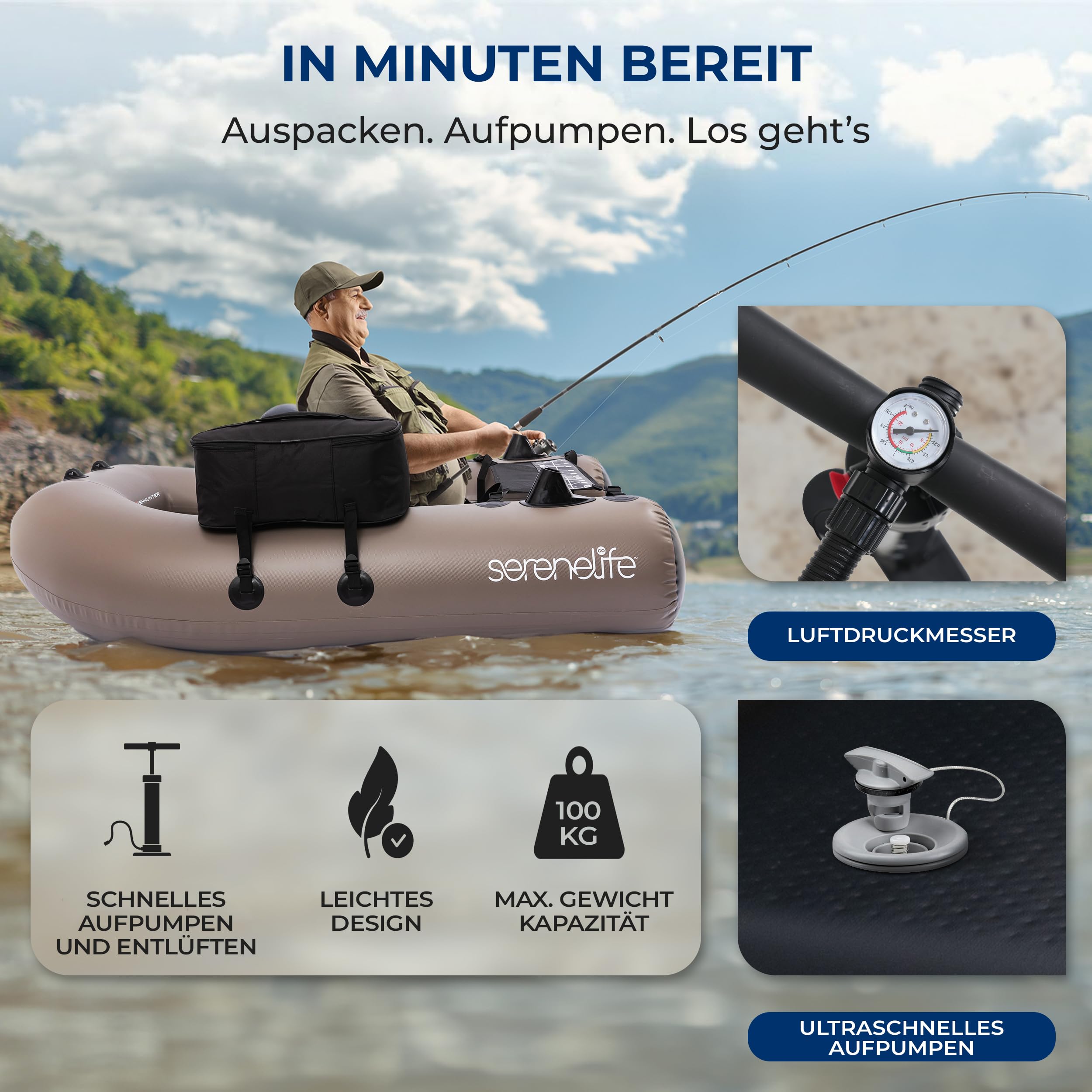 SereneLife Angelboot Aufblasbar 1 Person 100 kg Bellyboot PVC Float Tube Mit Rutenhalter, Sitz und Rückenlehne, Taschen für Komfortables Angeln auf See und Fluss