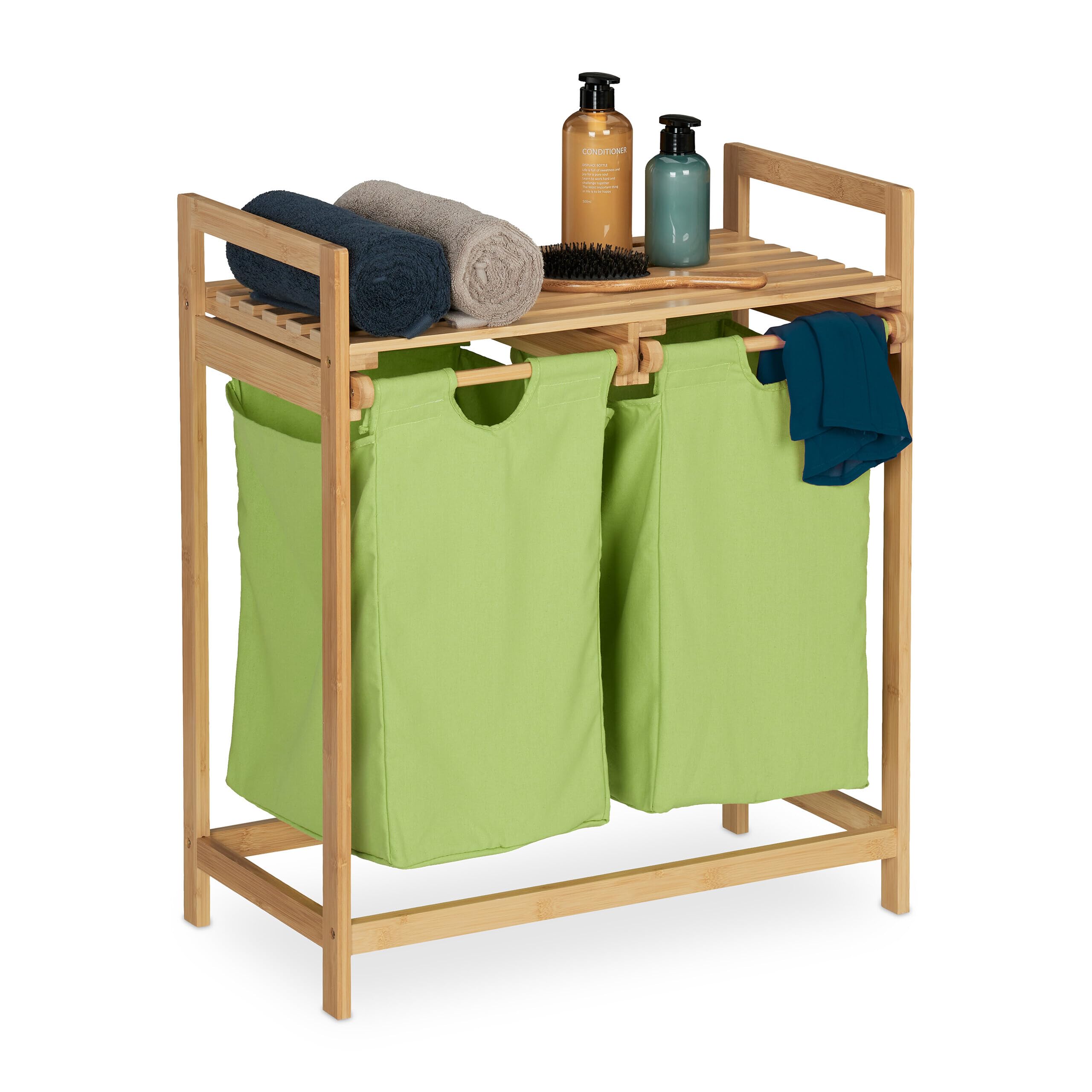 Relaxdays Bamboo Laundry Basket, Pull Out, 2 Compartments, Washing Hamper with Shelf, 73 x 64 x 33 cm, Natural/Green — image 1