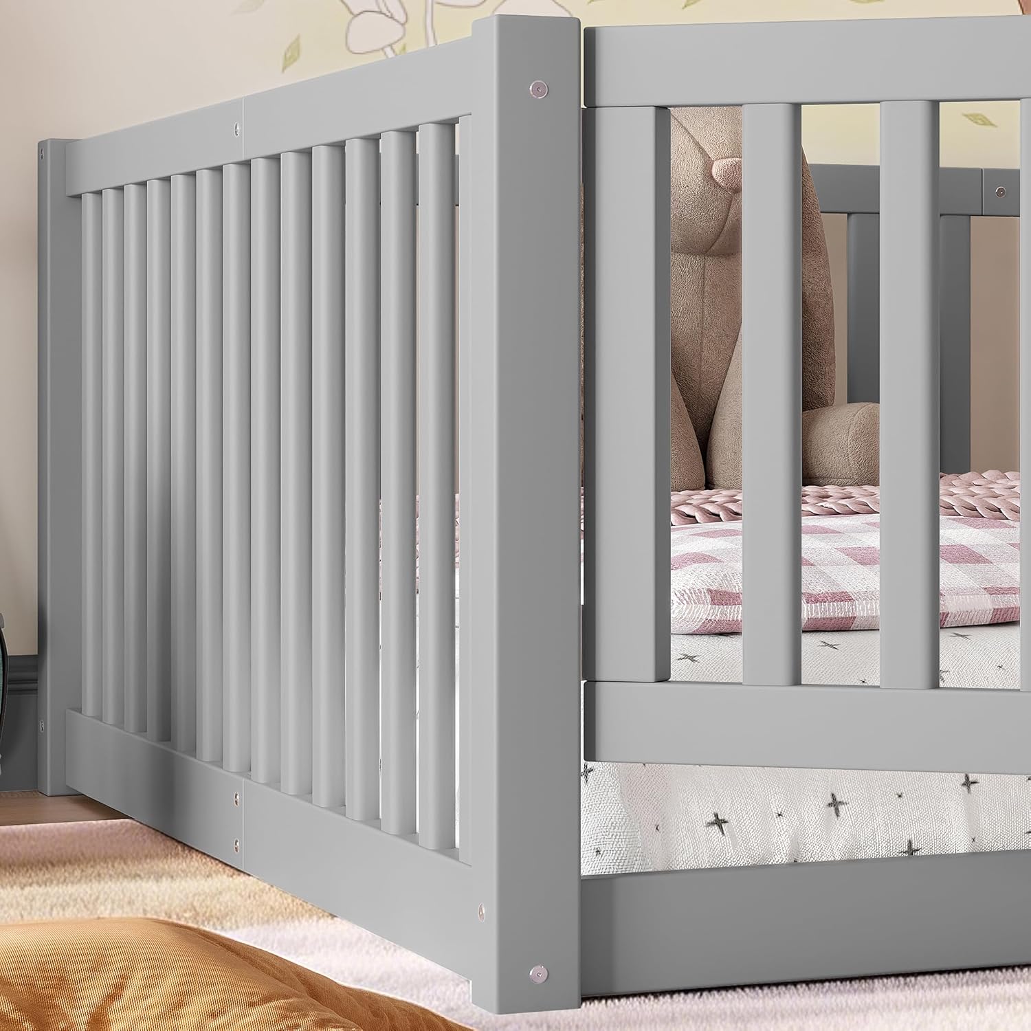 Bellemave Full Floor Bed with Door and High Guardrail, Full Size Montessori Floor Bed with Fence, Easy Assemble Montessori Beds for Girls, Boys, Gray
