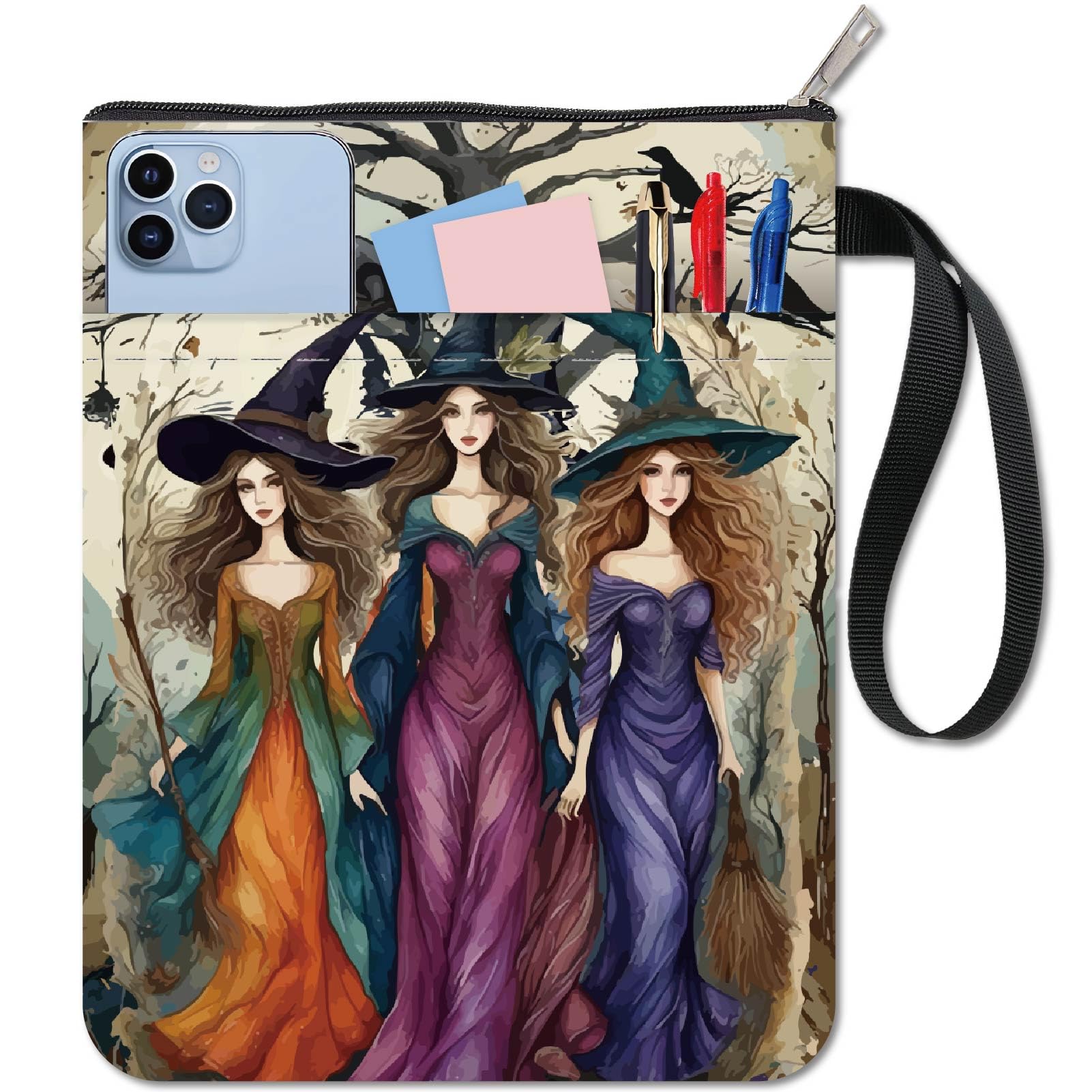 CRASPIRE 11x8.6In Witch Book Cover Halloween Personality Magic Cloth Fabric Sleeve Pocket Washable Reusable Double Sided Notebook Wraps Paperback Protector Bag Zipper for Book Lovers Bookworm Gifts