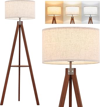 مصباح أرضي ELYONA Mid Century مع لمبة LED بثلاث درجات حرارة ملونة، طاولة قراءة خشبية حديثة ثلاثية القوائم، مصباح أرضي خشبي لغرفة المعيشة في المزرعة وغرفة النوم والمكتب، ظل بياضات بني